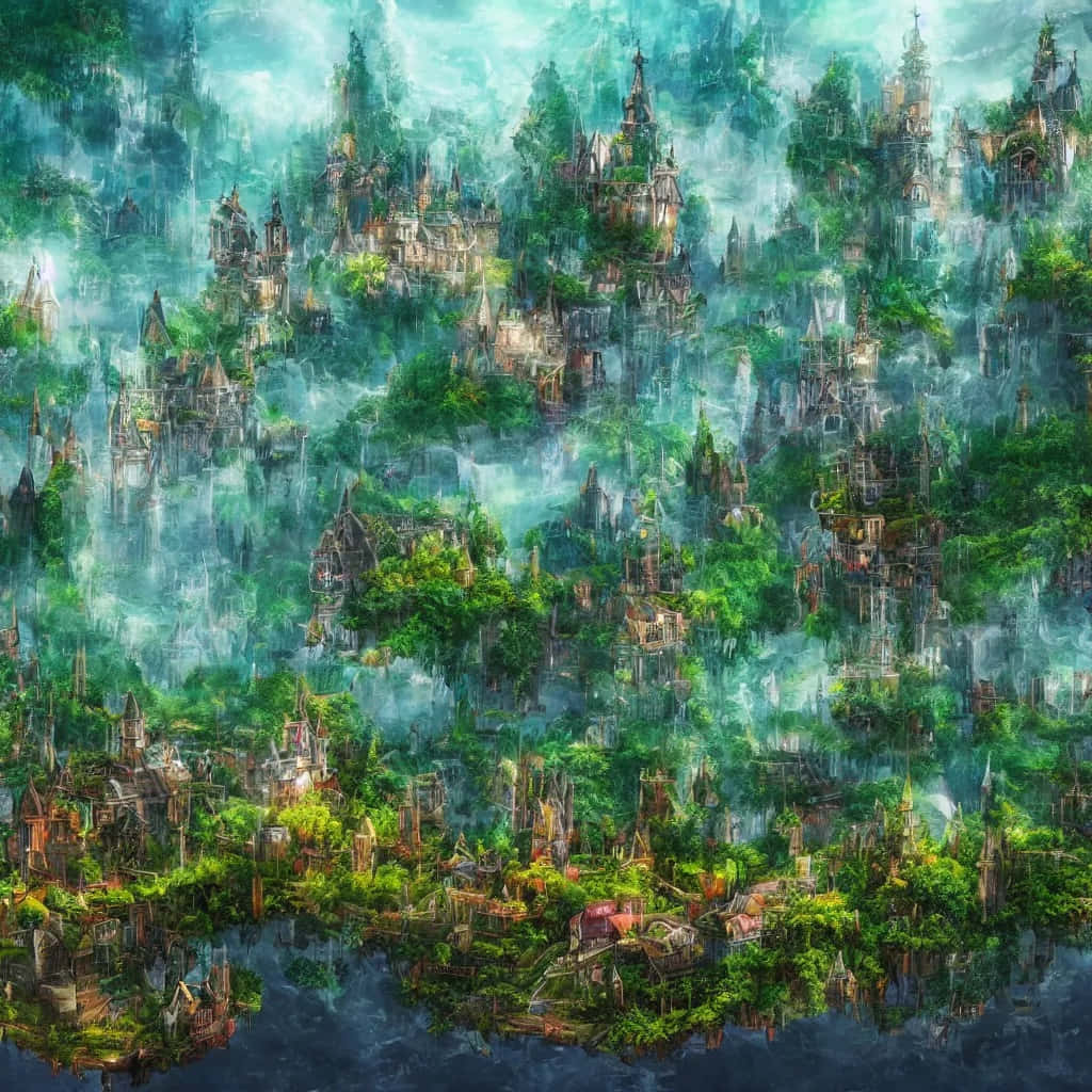 夢核 桌布 壁紙 — 一個霧氣瀰漫的奇幻城市景觀，擁有哥德式塔樓和茂密的綠植，倒映在下方黑暗的水面上。