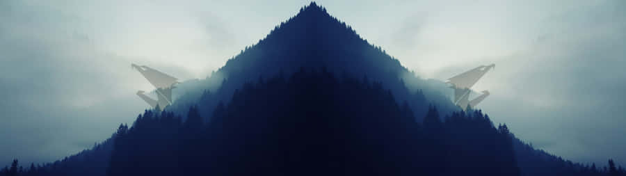 Minimalist Dual Monitor 桌布 壁紙 — 一個霧氣瀰漫的山峰，被兩架在霧氣天空中漂浮的發光白色紙飛機環繞。