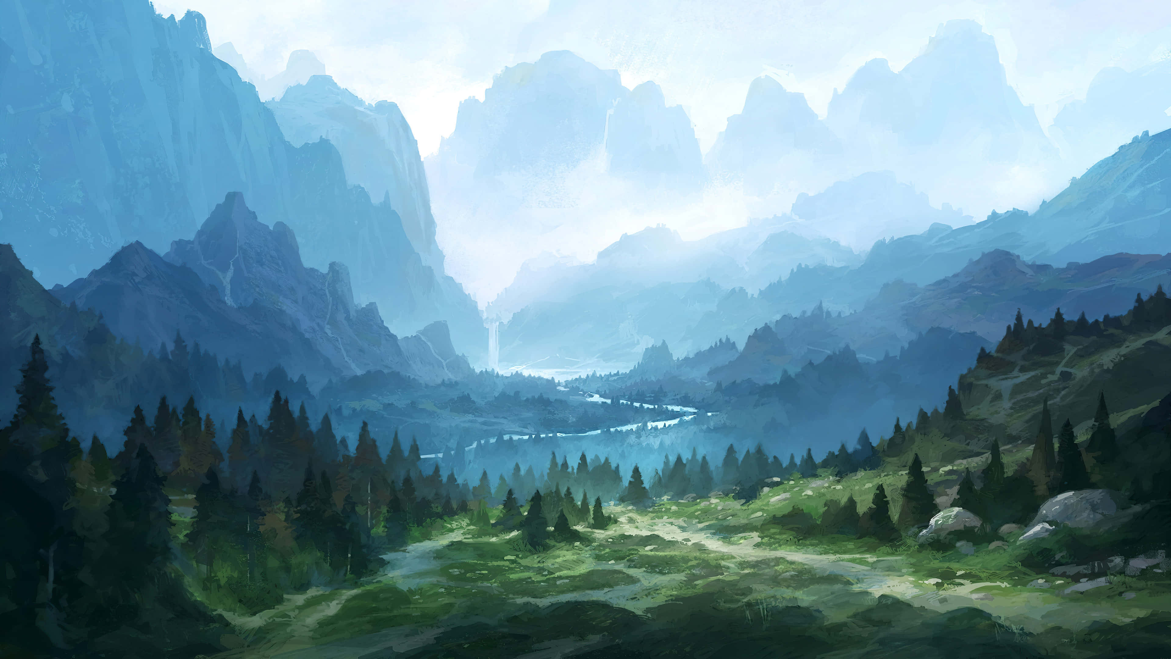 Mountain Landscape 桌布 壁紙 — 一個霧氣瀰漫的山谷，蜿蜒的河流兩旁是茂密的森林，在柔和的藍天下。