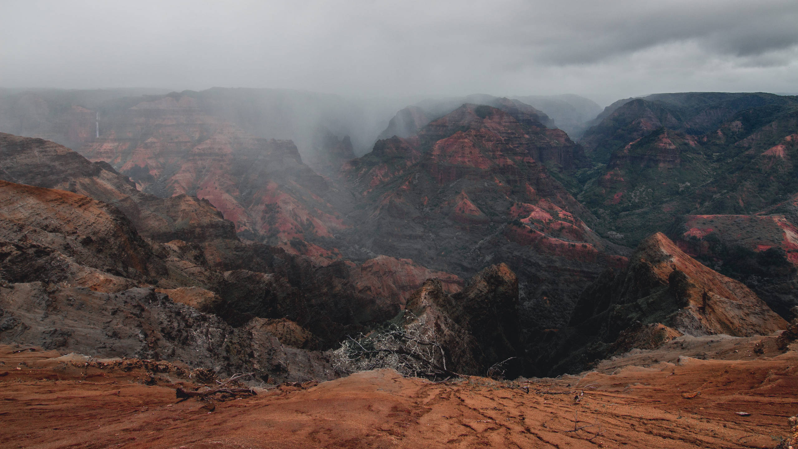 Canyon 桌布 壁紙 — 一個霧氣瀰漫的峽谷，在陰天天空下呈現層層疊疊的紅橙色和灰色岩層。
