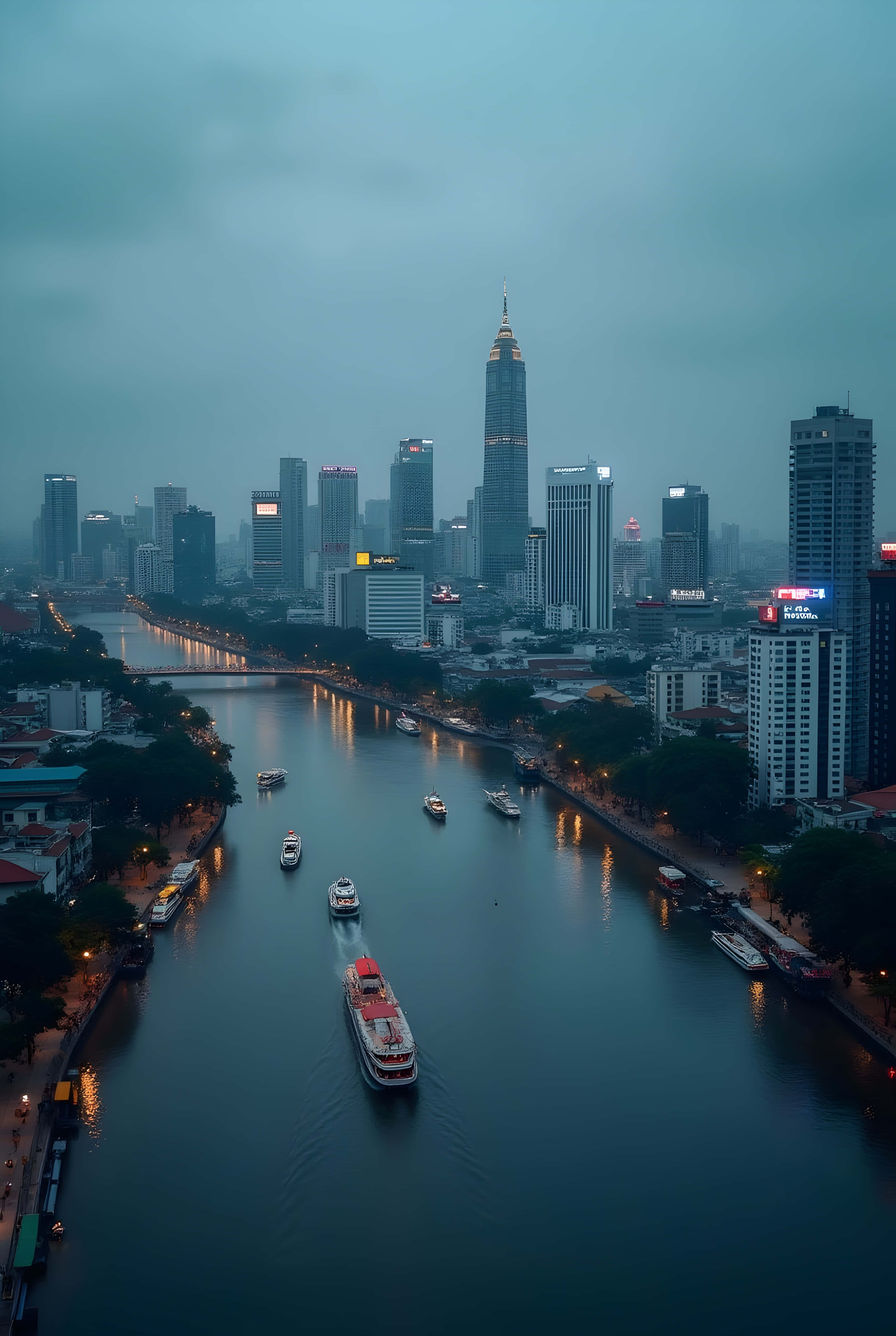 City Skyline 桌布 壁紙 — 一個霧氣瀰漫的暮色城市景觀，一條寬闊的河流反射著高聳現代摩天大樓和移動船隻的閃爍燈光。