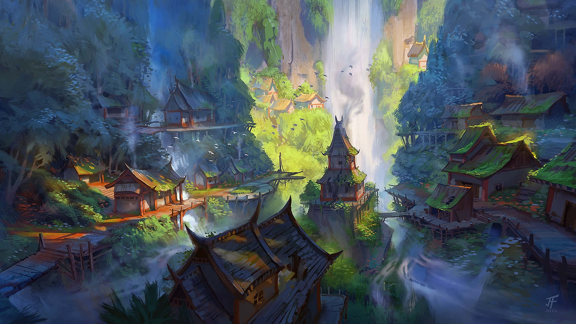 Beautiful Painting 桌布 壁紙 — 一個霧氣瀰漫的村莊坐落在鬱鬱蔥蔥的山谷中，傳統木屋後方有高聳的瀑布傾瀉而下。