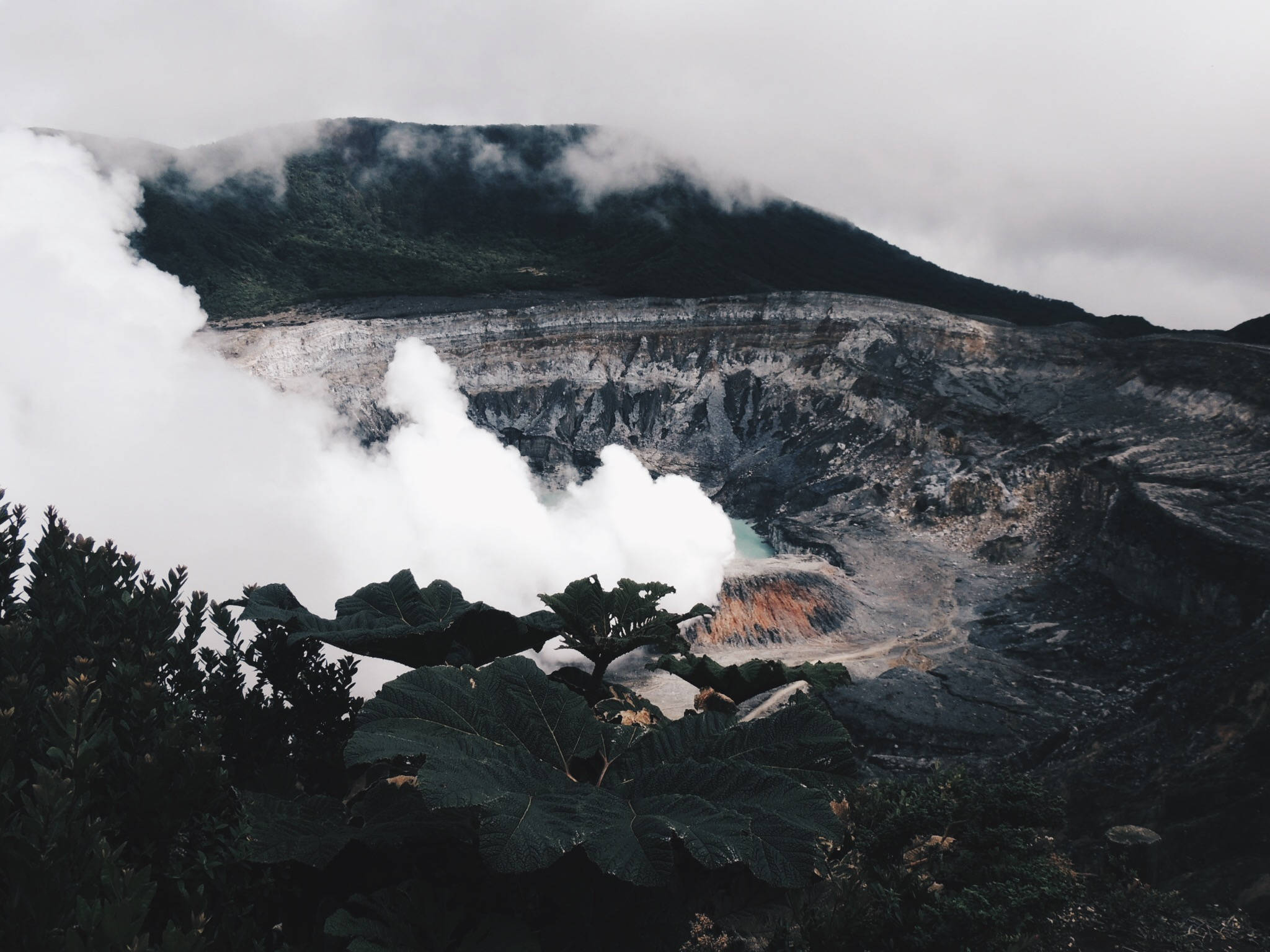 Costa 桌布 壁紙 — 一個霧氣瀰漫的火山口，有冒煙的噴氣孔和一個被深綠色植物環繞的藍綠色水池，天空多雲。