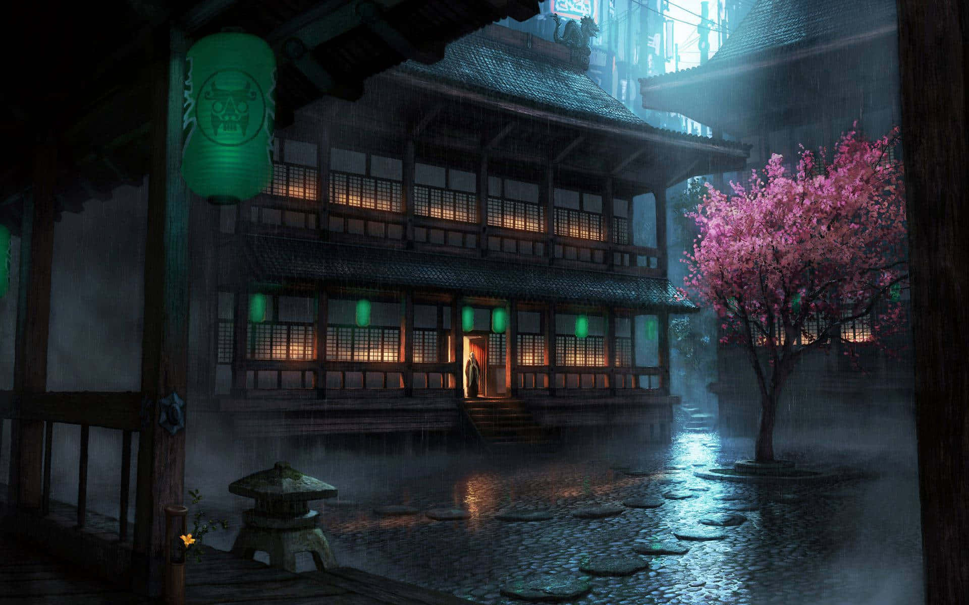 日式審美桌面 桌布 壁紙 — 一個霧雨之夜，在傳統的日本庭院中，有發光的燈籠和一棵充滿活力的粉紅色櫻花樹。