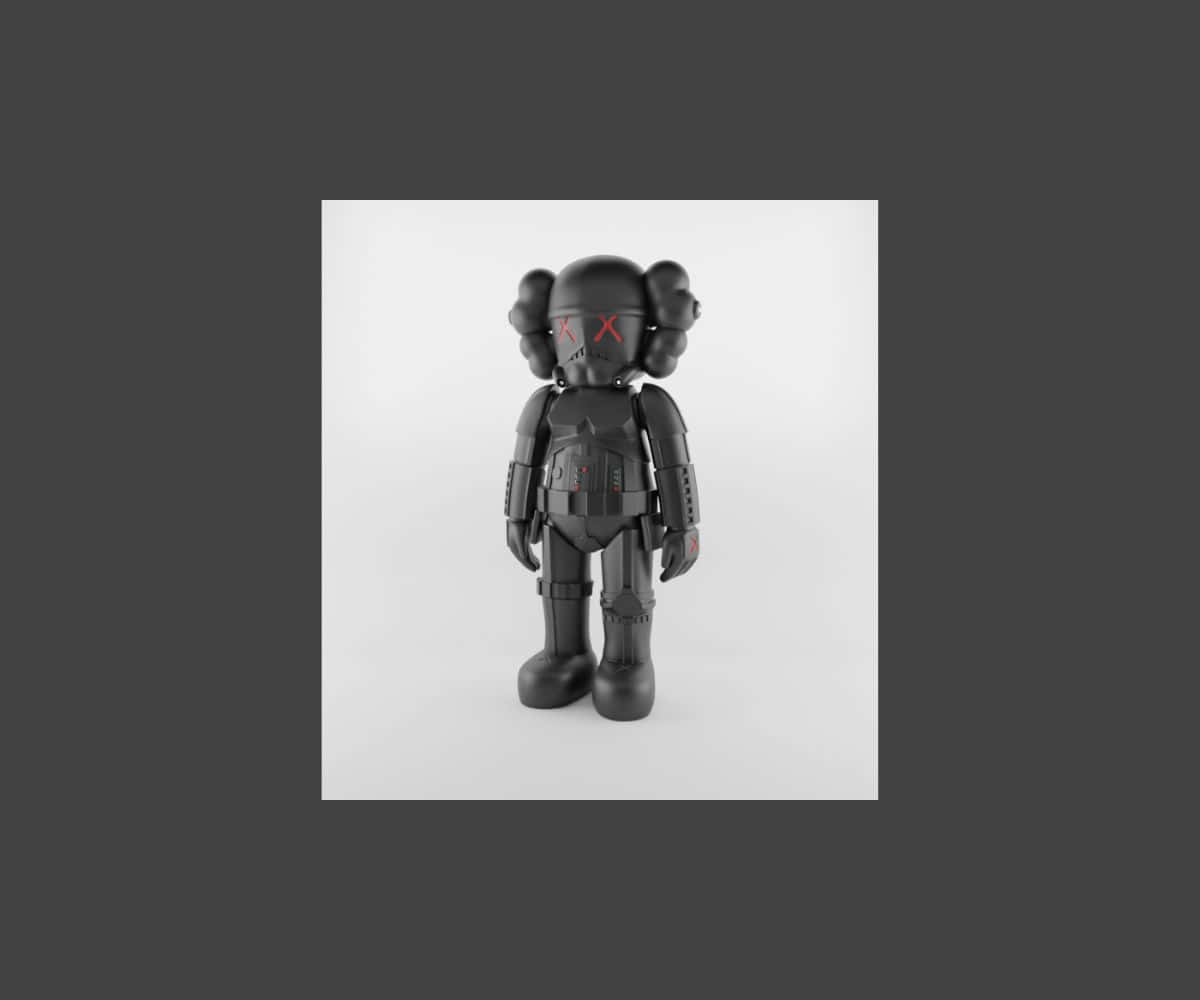 Kaws Stormtrooper 桌布 壁紙 — 一個霧面黑色的KAWS Companion公仔，帶有紅色X眼睛，站在純白色背景前。
