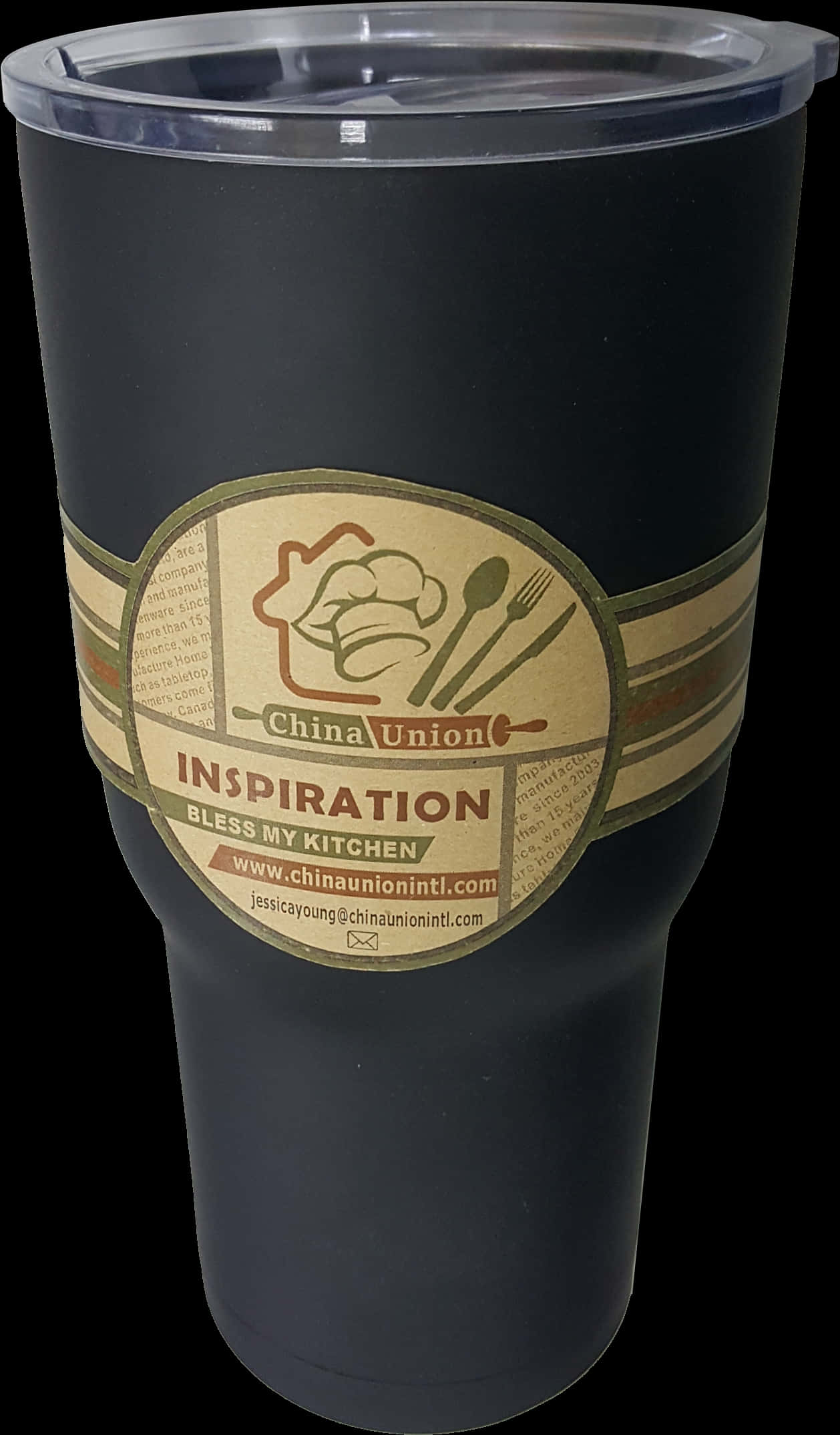 Container 桌布 壁紙 — 一個霧面黑色隔熱杯，帶透明蓋，上面有中國聯合金屬風格的標籤，帶廚師帽和用具。