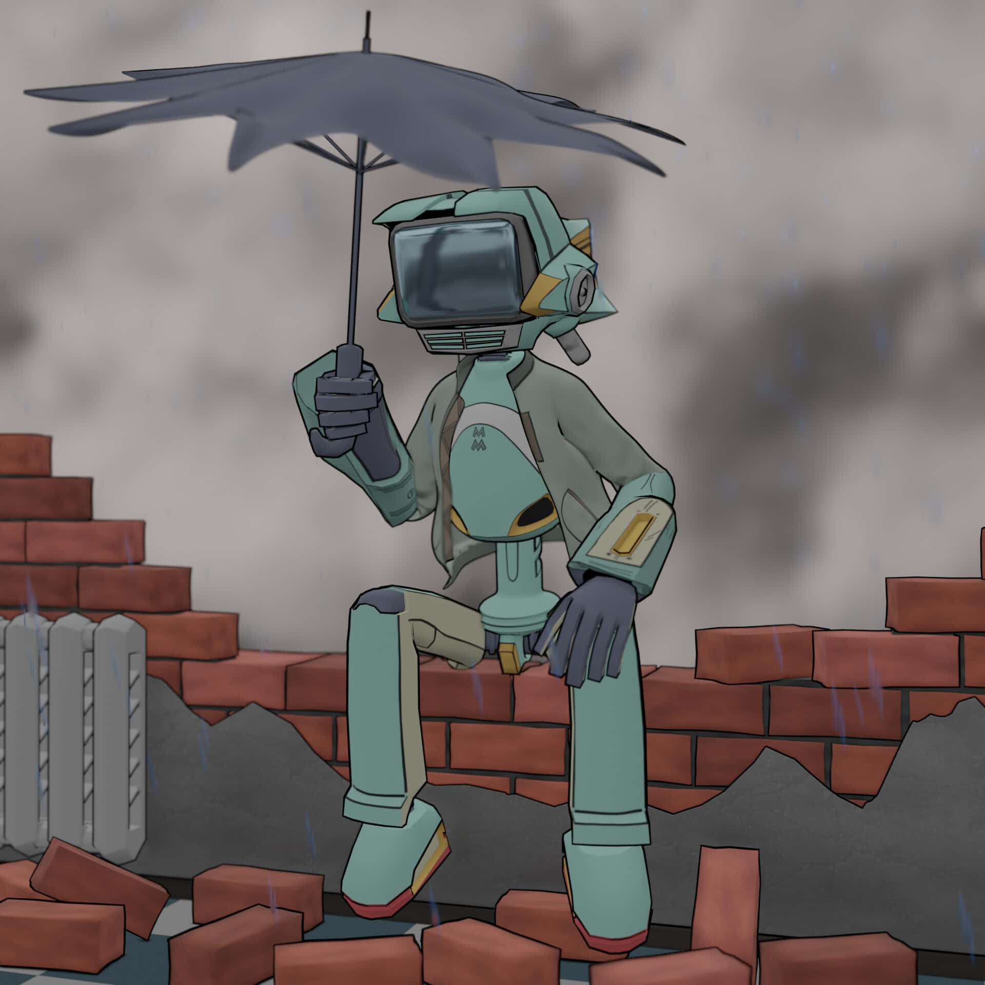 Flcl Canti 桌布 壁紙 — 一個青綠色、頭部是電視機的機器人坐在瓦礫上，在灰色的城市廢墟中撐著傘，雨水落下。