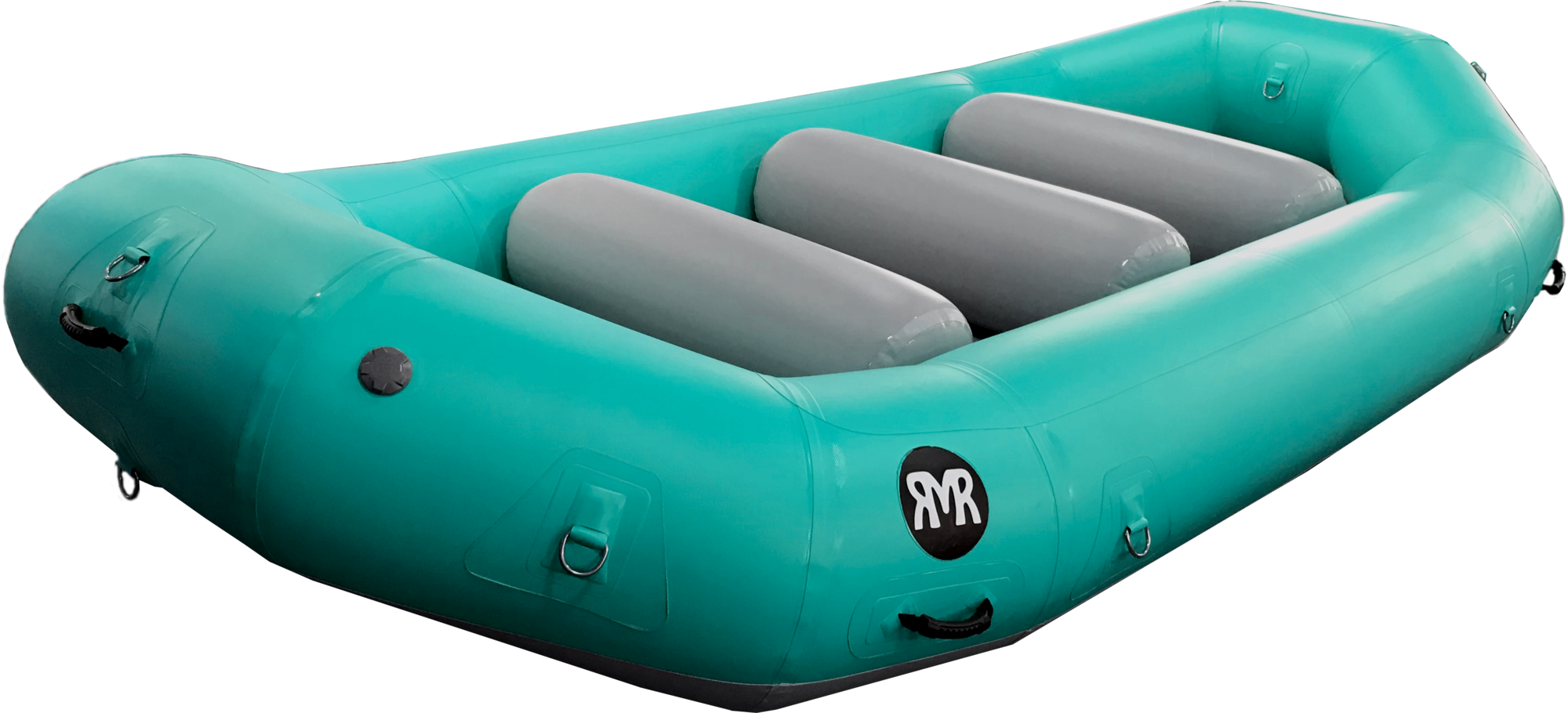 Rafting 桌布 壁紙 — 一個青綠色充氣筏，配有灰色座椅和黑色把手，放在純黑色背景上。