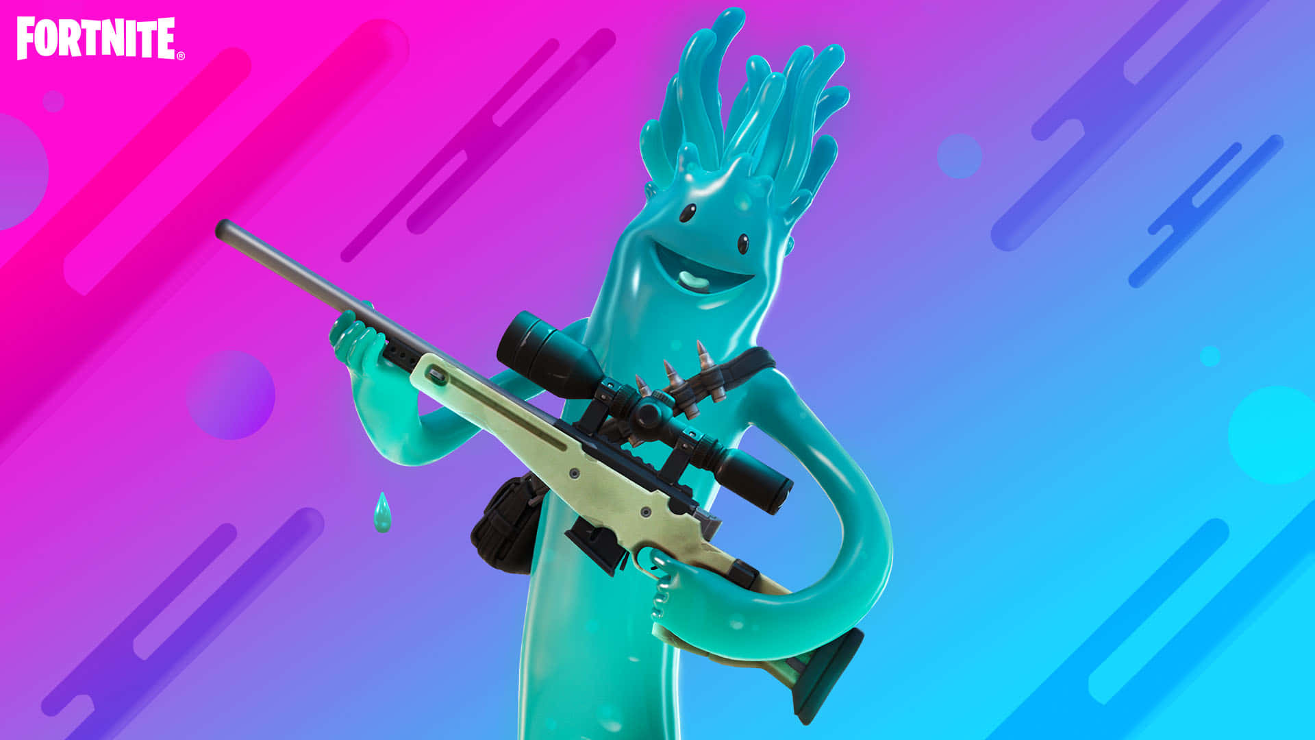 Fortnite Cool 桌布 壁紙 — 一個青綠色凝膠狀的Fortnite角色，面帶微笑，手持狙擊步槍，背景是充滿活力的粉紅色和藍色漸變。