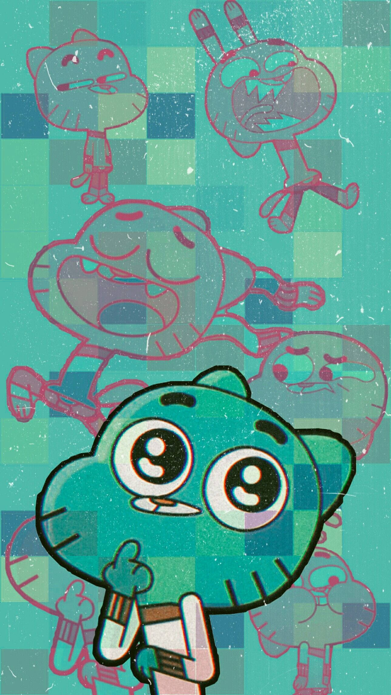 Gumball Aesthetic 桌布 壁紙 — 一個青綠色卡通角色，有大眼睛和舉起的手指，在像素化棋盤背景上與其他漂浮角色形成對比。