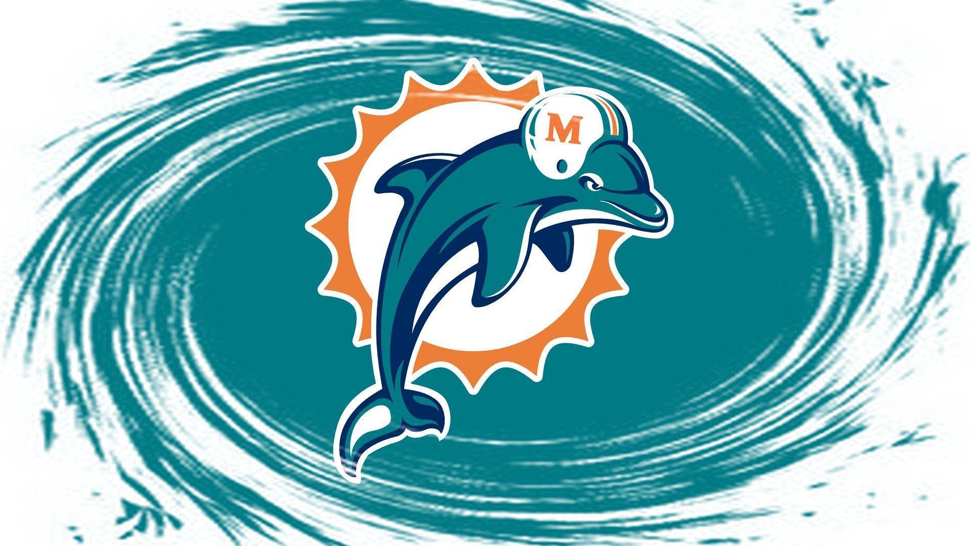 dolphins 桌布 壁紙 — 一個青綠色和橙色的邁阿密海豚隊標誌，有一隻戴著頭盔跳躍的海豚，背景是旋轉的青綠色和白色。