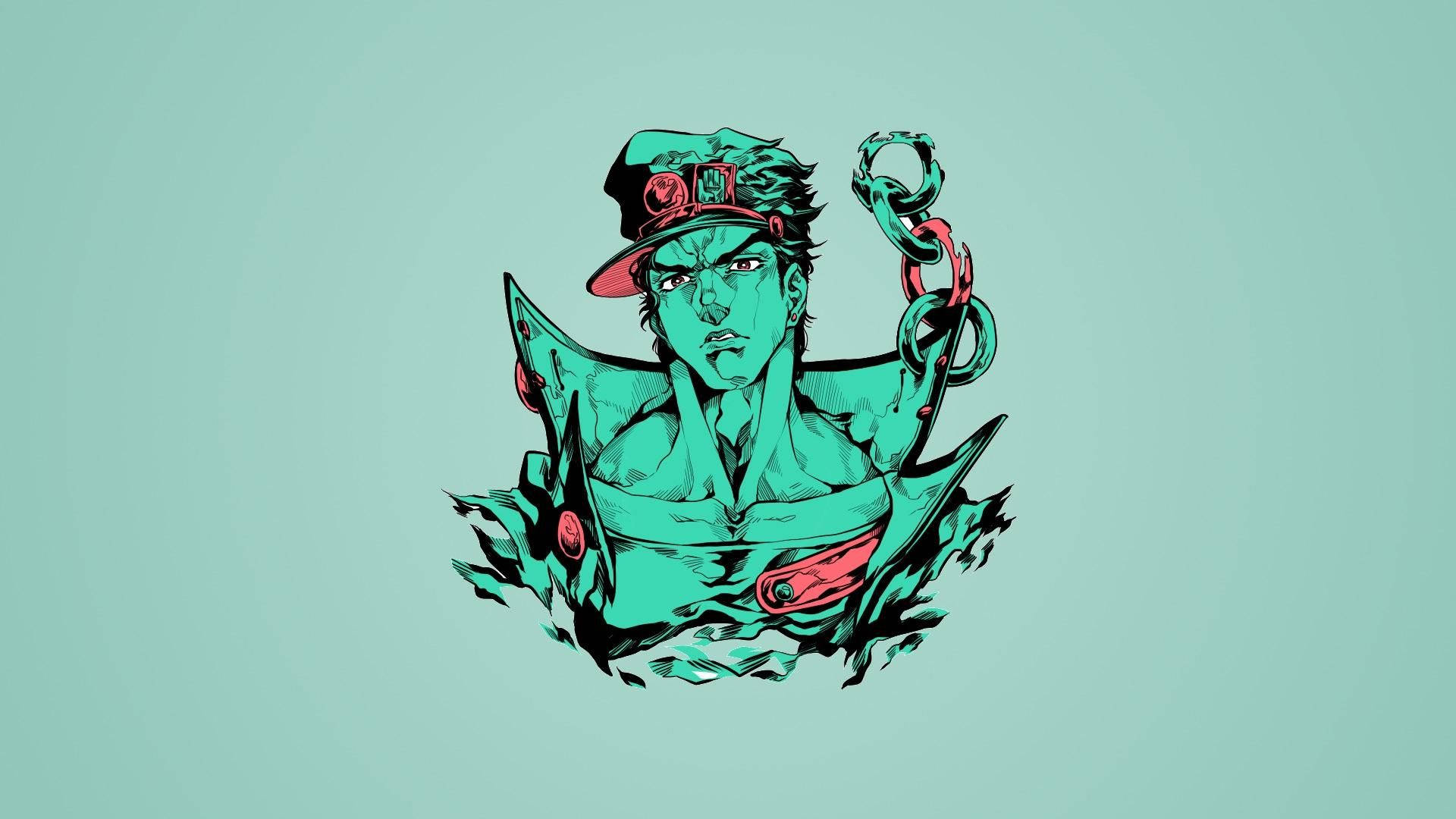 承太郎 桌布 壁紙 — 一個青綠色和紅色的插圖動漫角色，戴著帽子和鏈條，衝破紋理背景。