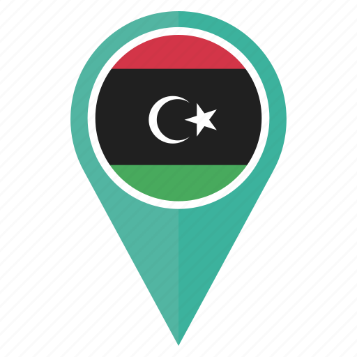 Libya 桌布 壁紙 — 一個青綠色地圖圖釘圖示在黑色斜紋背景上顯示利比亞國旗。