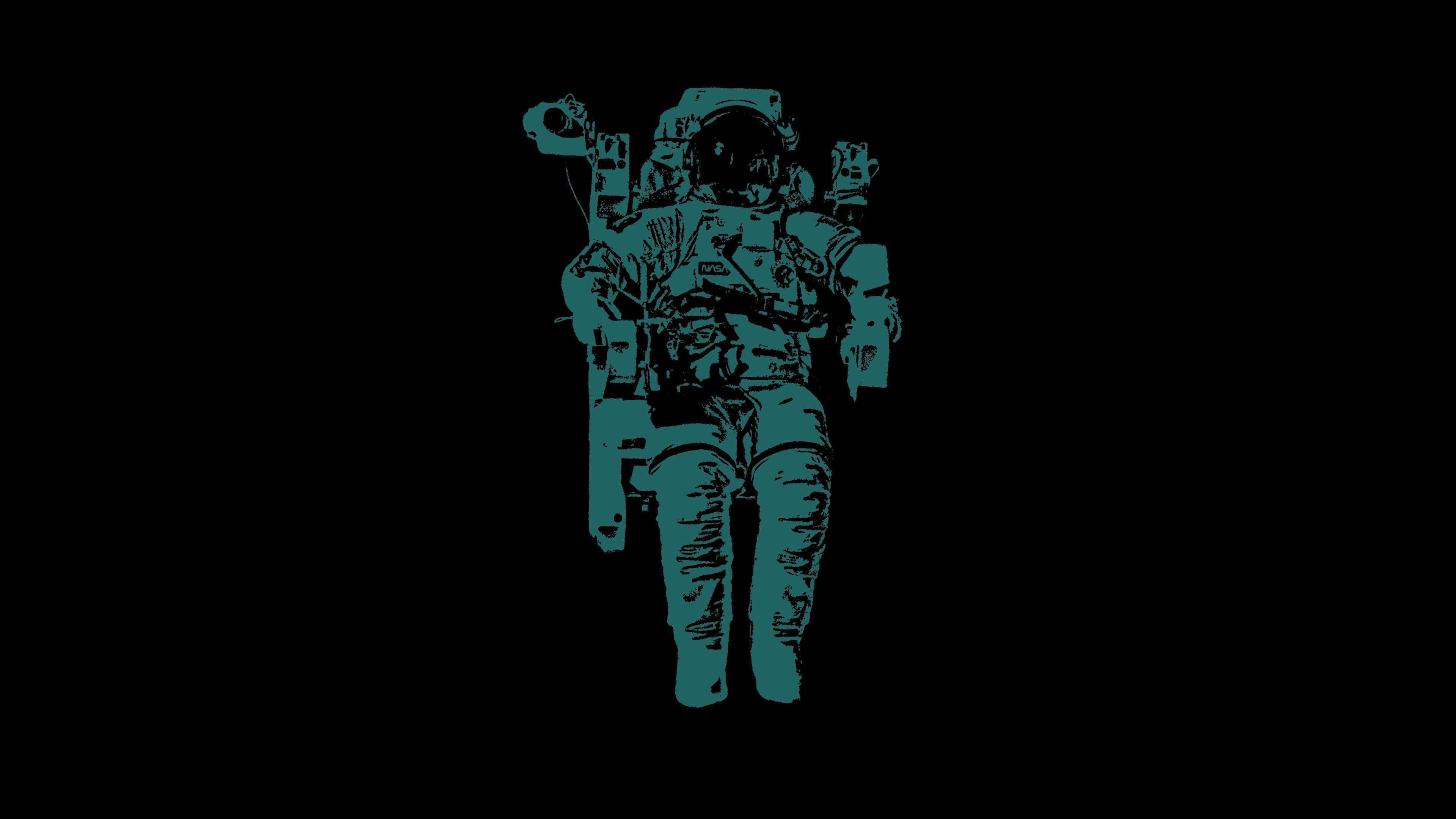 Astronaut Desktop 桌布 壁紙 — 一個青綠色太空人剪影以極簡數位藝術風格，居中矗立在純黑背景上。