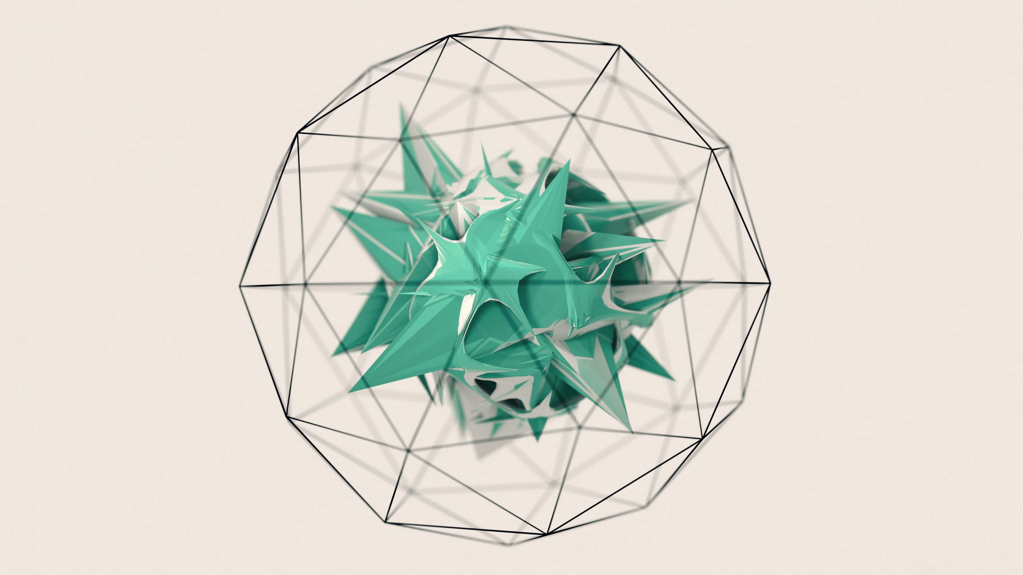 Minimalist HD Geometric Desktop 桌布 壁紙 — 一個青綠色幾何星爆形狀，被透明多面體線框包圍，背景為中性米色。