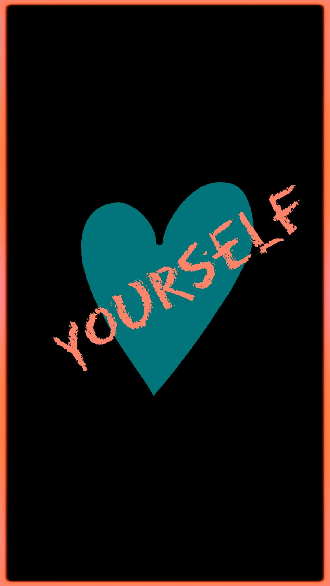 love yourself 桌布 壁紙 — 一個青綠色心形，帶有橙色紋理文字「YOURSELF」，居中於黑色背景上，並由橙色邊框框住。