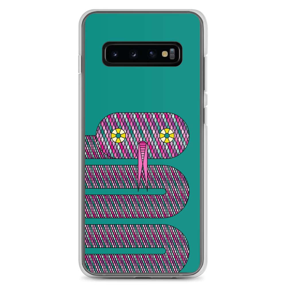 Galaxy S10 桌布 壁紙 — 一個青綠色手機殼上有一條風格化的粉紅和洋紅色圖案蛇，黃色眼睛，盤繞在純青綠色背景上。