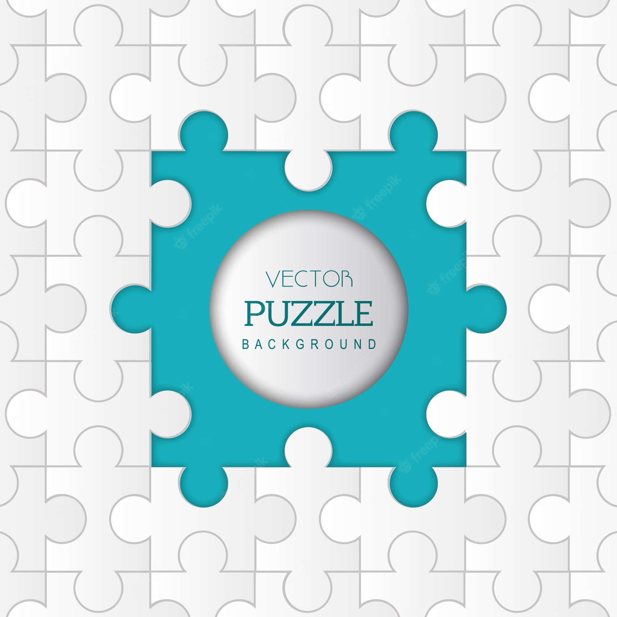 Puzzle 桌布 壁紙 — 一個青綠色拼圖塊居中放在白色拼圖背景上，文字顯示向量拼圖背景。