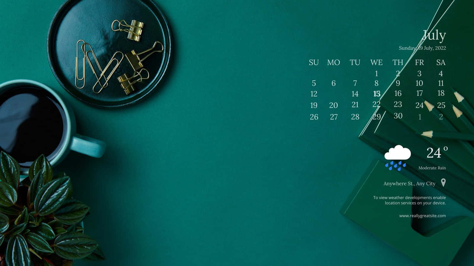 青綠色書桌，配有咖啡植物夾日曆，顯示降雨和24度。 — 綠色美學 GIF 壁紙