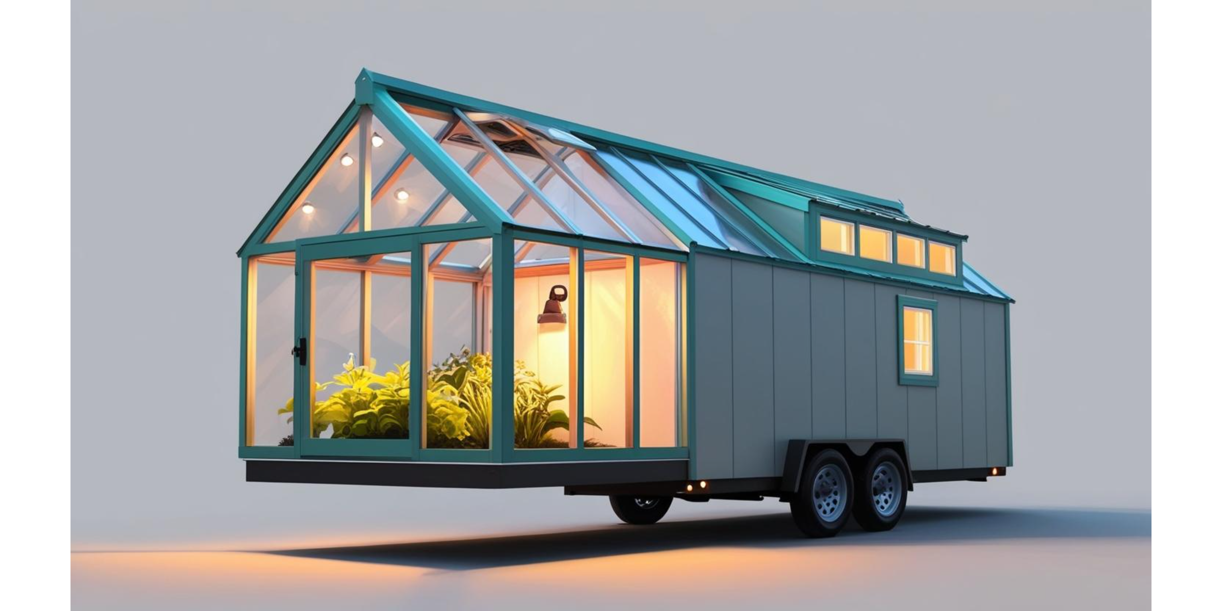 Home 桌布 壁紙 — 一個青綠色框架的移動溫室拖車，內部燈光亮起，輪子上有茂盛的綠色植物。