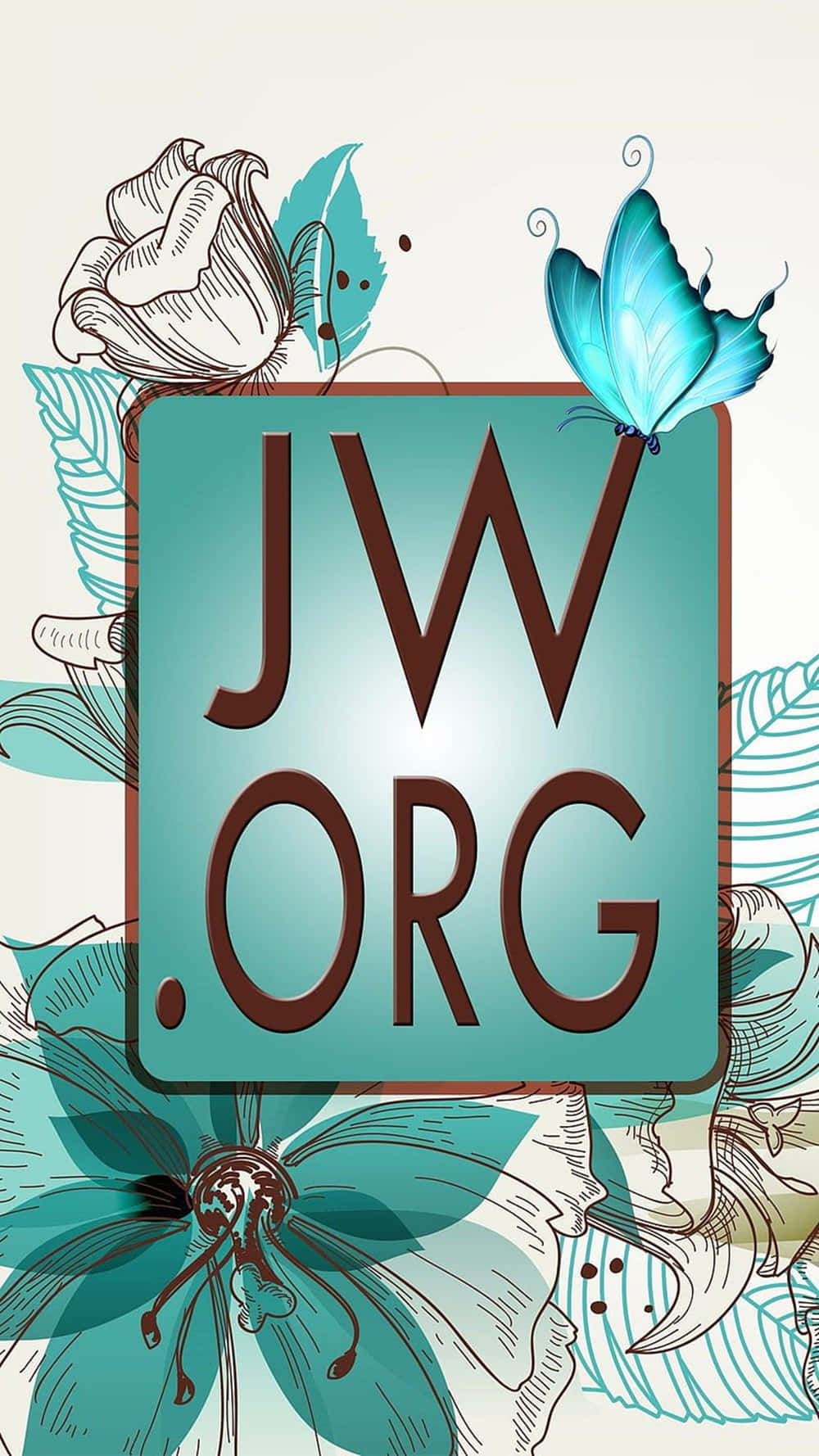 綠色美學 桌布 壁紙 — 一個青綠色正方形，上面有棕色字體的 JW.ORG，周圍環繞著手繪花朵和一隻藍色蝴蝶，背景為奶油色。