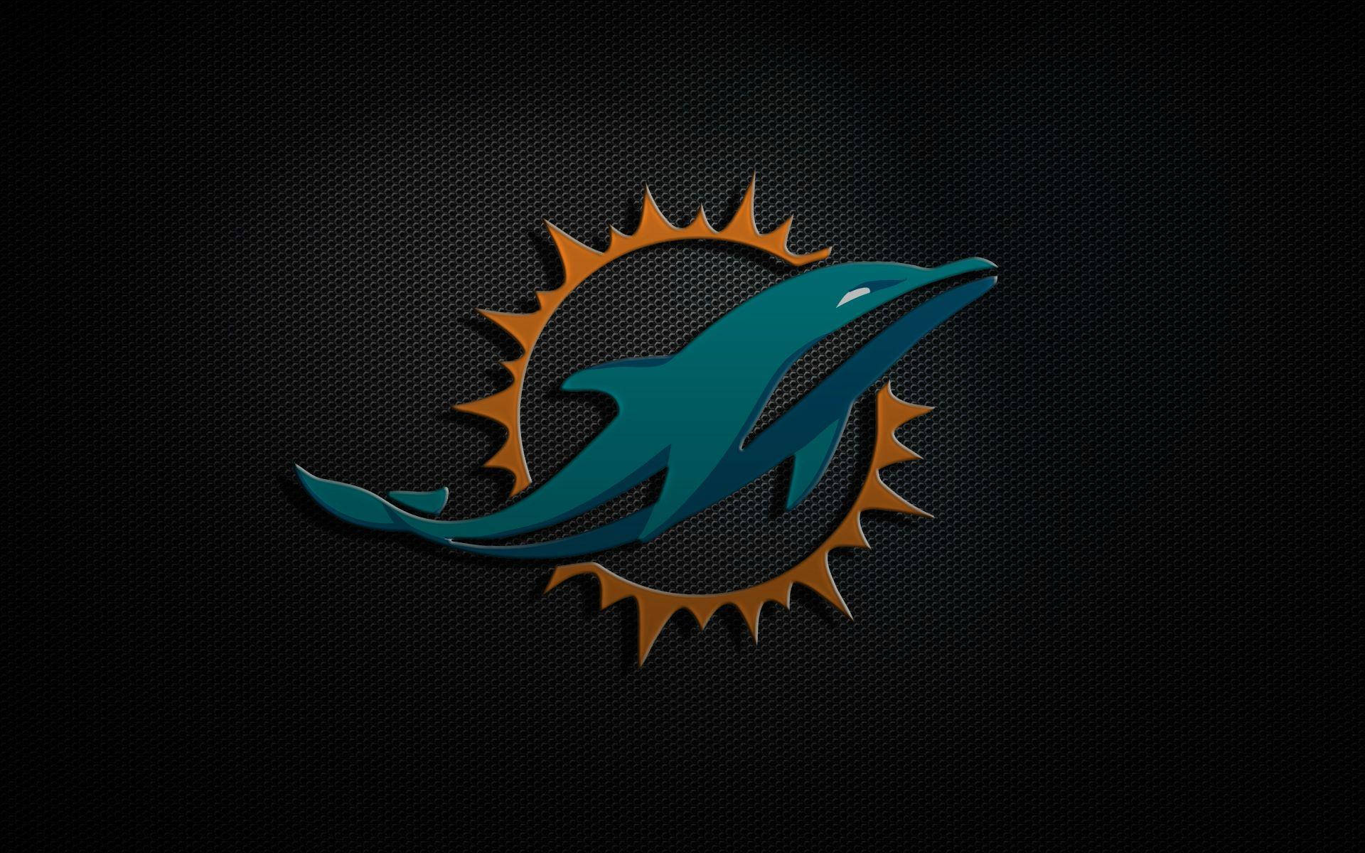 dolphins 桌布 壁紙 — 一個青綠色海豚標誌配以橙色太陽爆發設計，在深色紋理背景上脫穎而出。