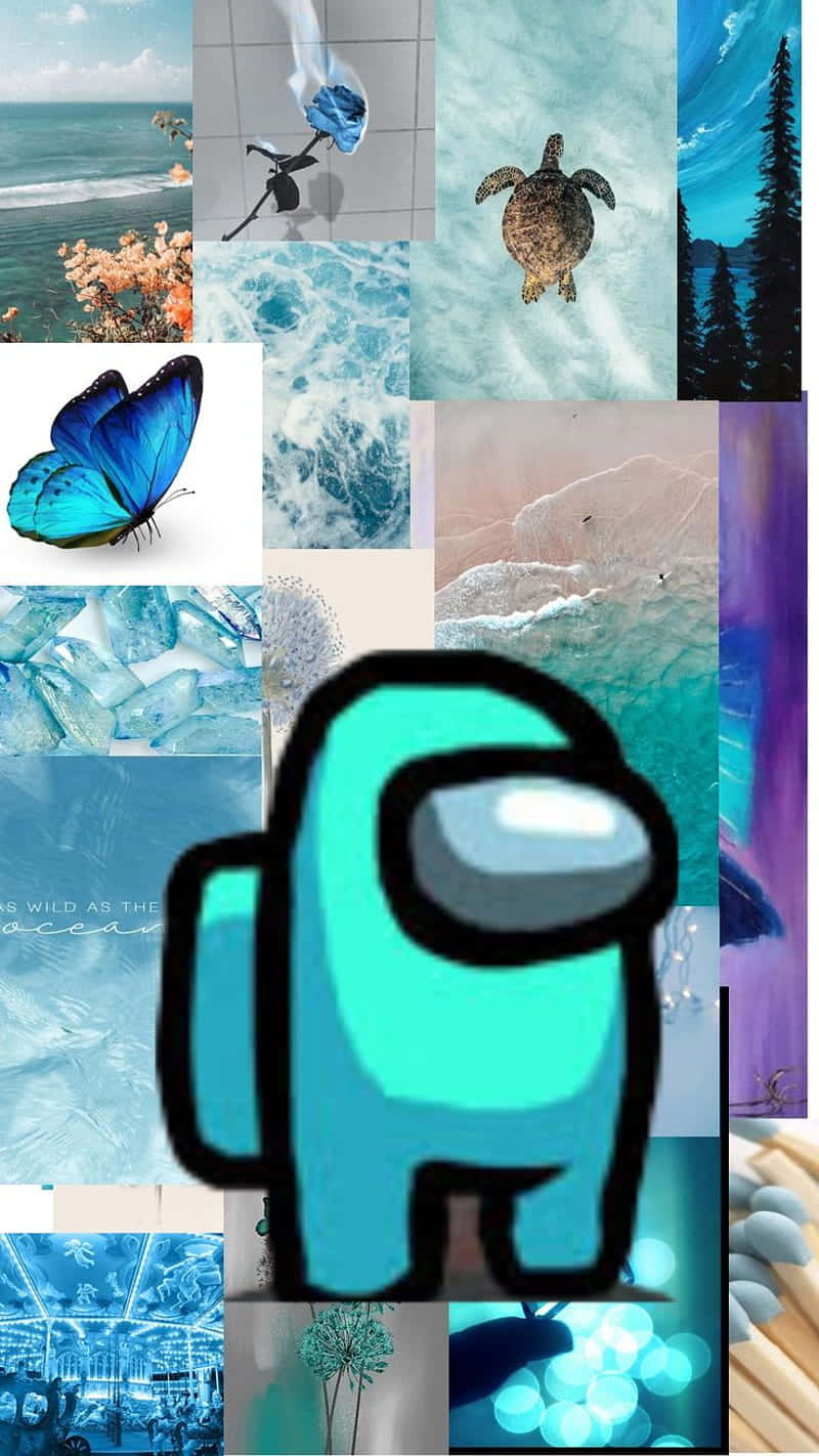 Dope Tumblr iPhone 桌布 壁紙 — 一個青綠色的Among Us角色疊加在由海浪、蝴蝶和自然場景組成的冷藍色調拼貼畫上。