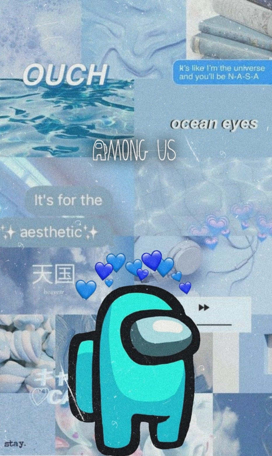 美學 在我們之間 桌布 壁紙 — 一個青綠色的Among Us角色漂浮在夢幻般的藍色拼貼畫中，包含海浪、心形和文字疊加。