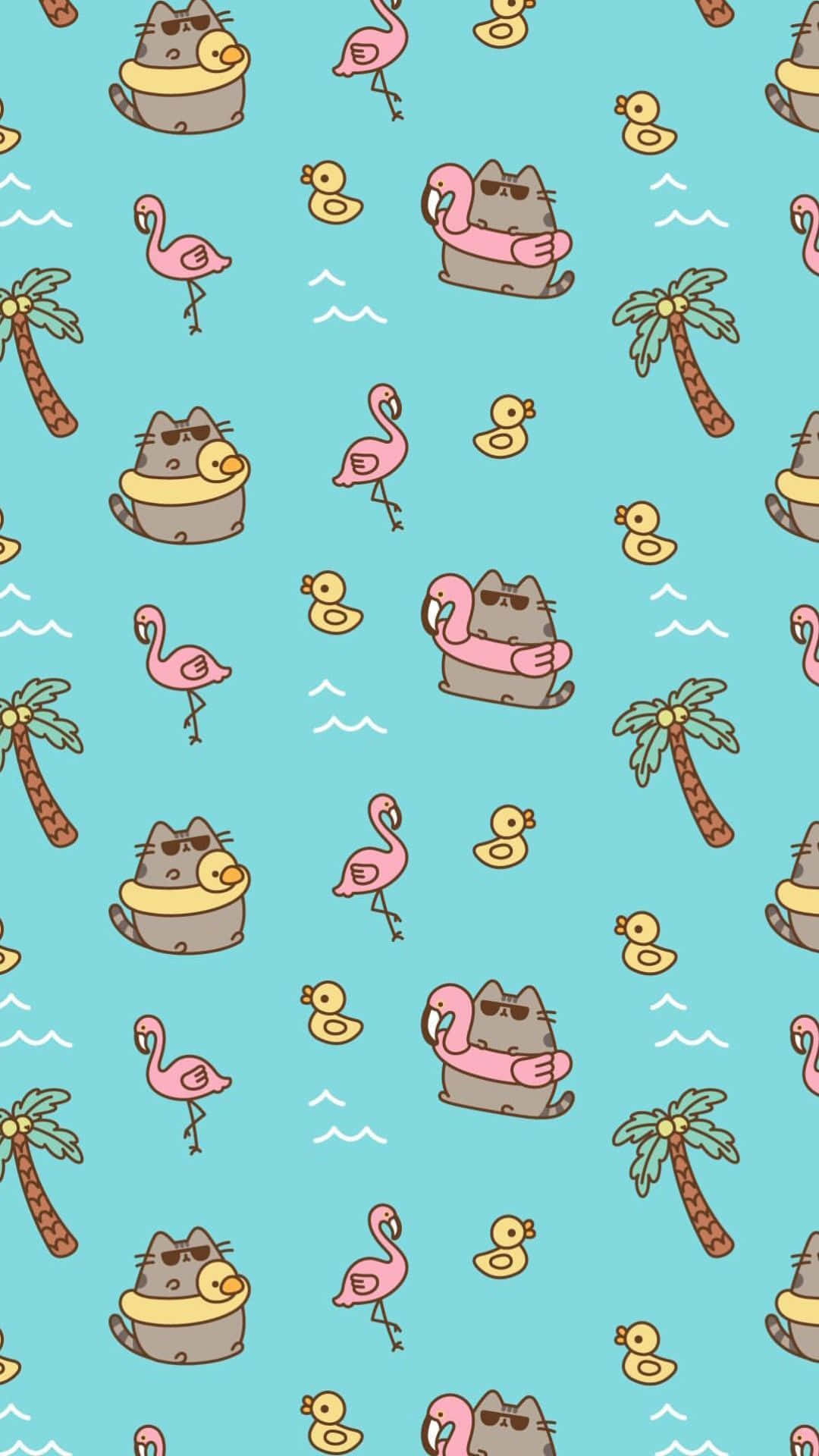 Cute Pusheen 桌布 壁紙 — 一個青綠色的壁紙圖案，上面有卡通貓咪穿著游泳圈、粉紅色的火烈鳥、黃色橡膠鴨子和棕櫚樹。