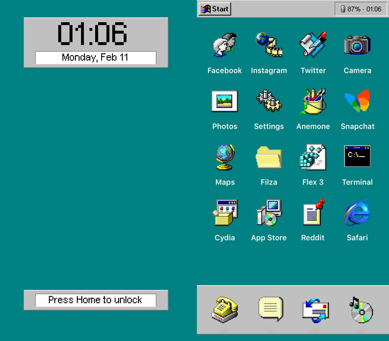 Windows 98 桌布 壁紙 — 一個青綠色的復古智慧型手機主畫面，帶有像素化的應用程式圖示和顯示01:06的數字時鐘。