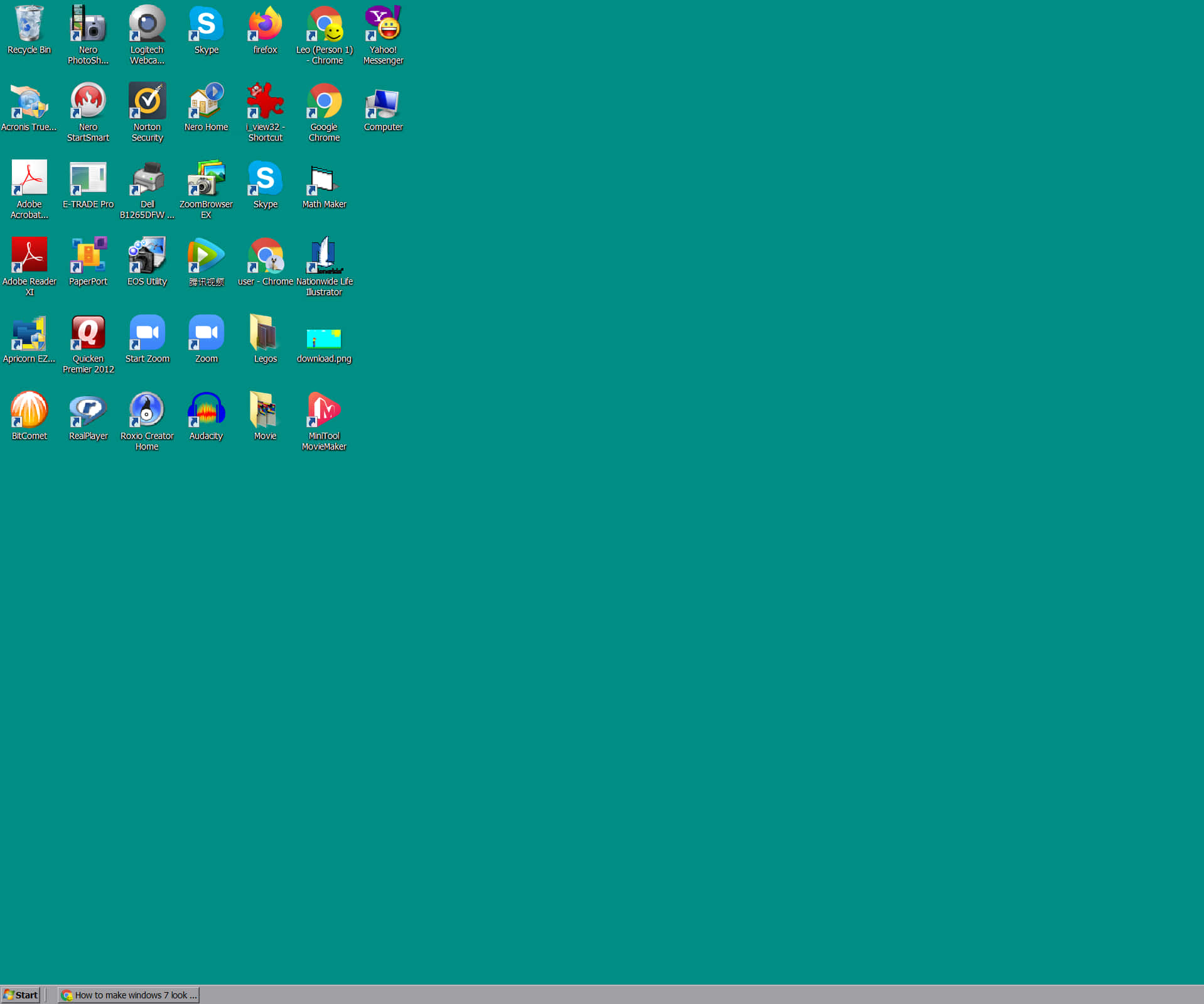 Windows 95 動態圖 桌布 壁紙 — 一個青綠色的桌面背景，整齊排列的應用程式圖示形成網格圖案。