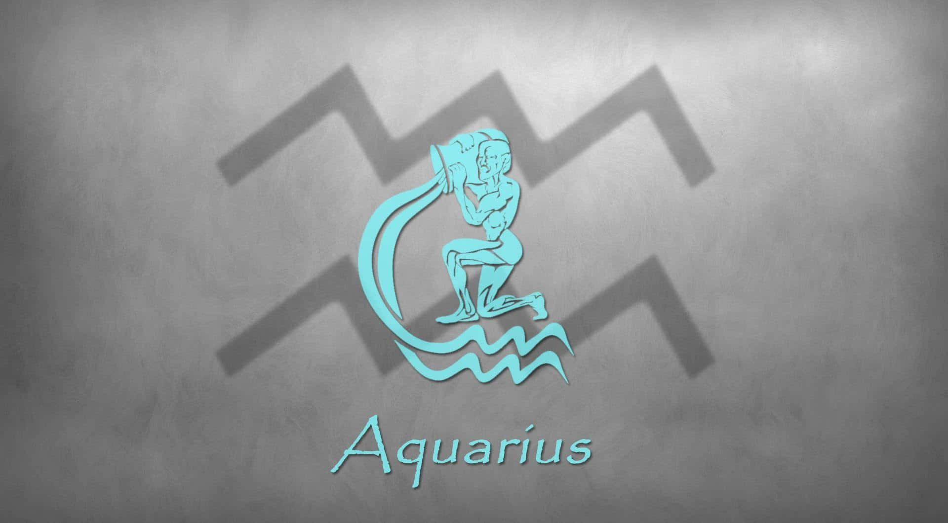 aquarius 桌布 壁紙 — 一個青綠色的水瓶座星座符號，有一個跪著倒水的人物，投射在紋理灰色牆上的陰影中。