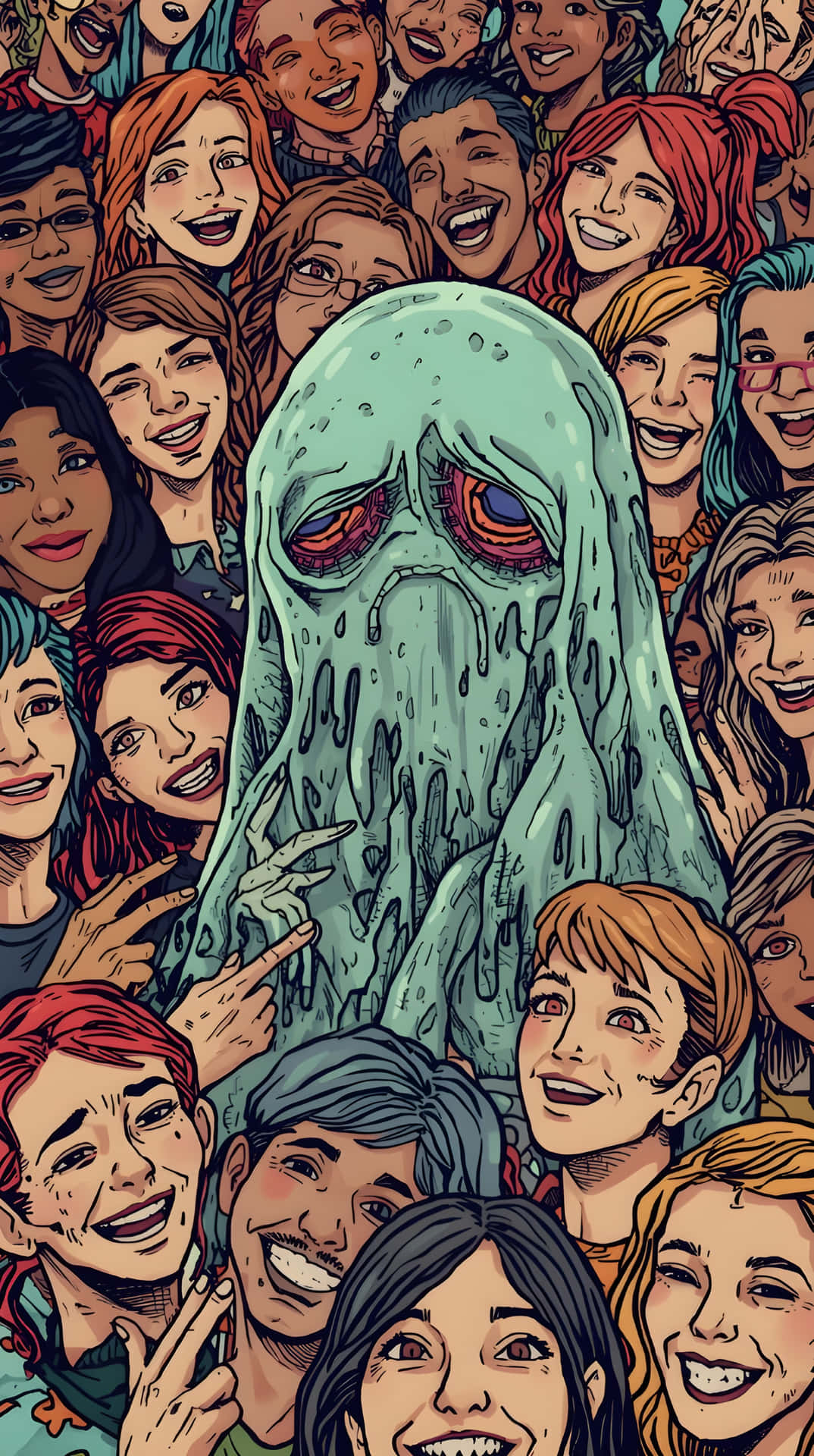 Sad Ghost Among Happy Faces Art 壁紙 — 一個青綠色的融化外星生物，有紅色眼睛，被一群微笑的多樣化人群包圍，以充滿活力的卡通風格呈現。