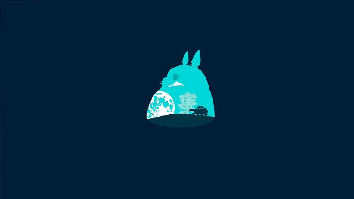 Ghibli 桌布 壁紙 — 一個青綠色的龍貓剪影，在深藍色背景上抱著月亮和森林場景。