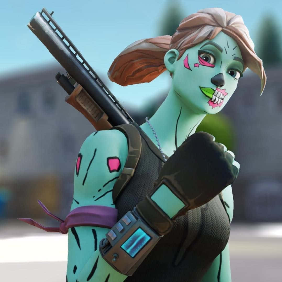Fortnite Xbox 桌布 壁紙 — 一個青綠色皮膚、帶有粉紅色點綴的殭屍女孩在模糊的城市場景中揮舞著霰彈槍。