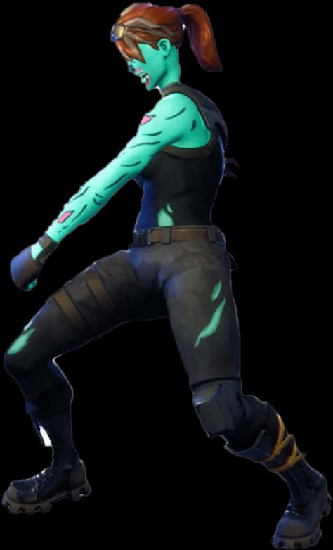 Fortnite 桌布 壁紙 — 一個青綠色皮膚、紅色馬尾辮的女性角色在黑色背景前擺出動態戰鬥姿勢。