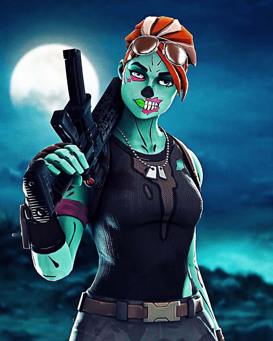 Cool Ghoul Trooper 桌布 壁紙 — 一個青綠色皮膚、紅髮、戴太陽眼鏡的殭屍女人，在深藍色天空的滿月下拿著手槍。