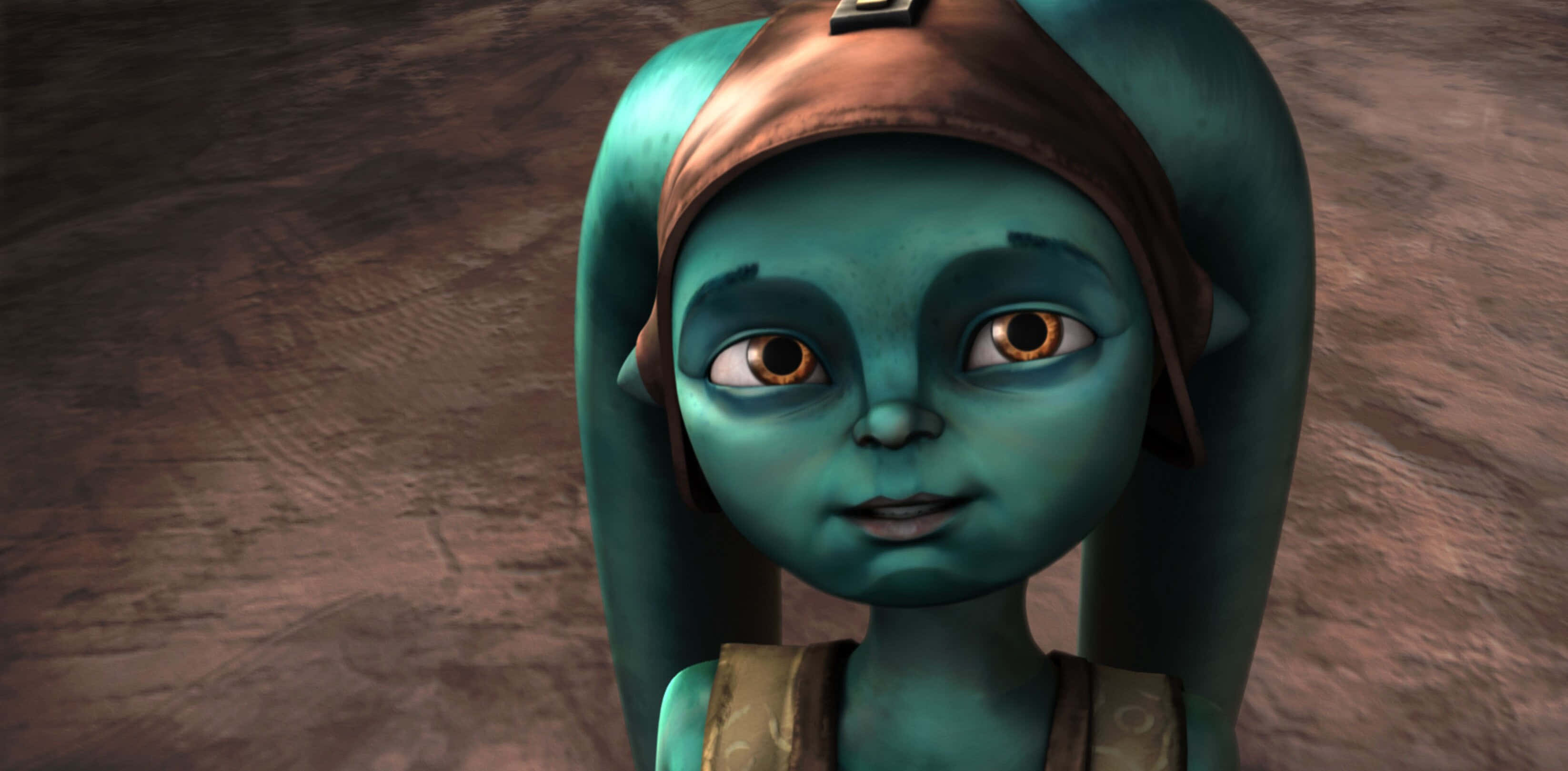 Twi'lek 桌布 壁紙 — 一個青綠色皮膚的動畫外星女孩，棕色眼睛，戴著頭帶，直視觀眾的特寫。