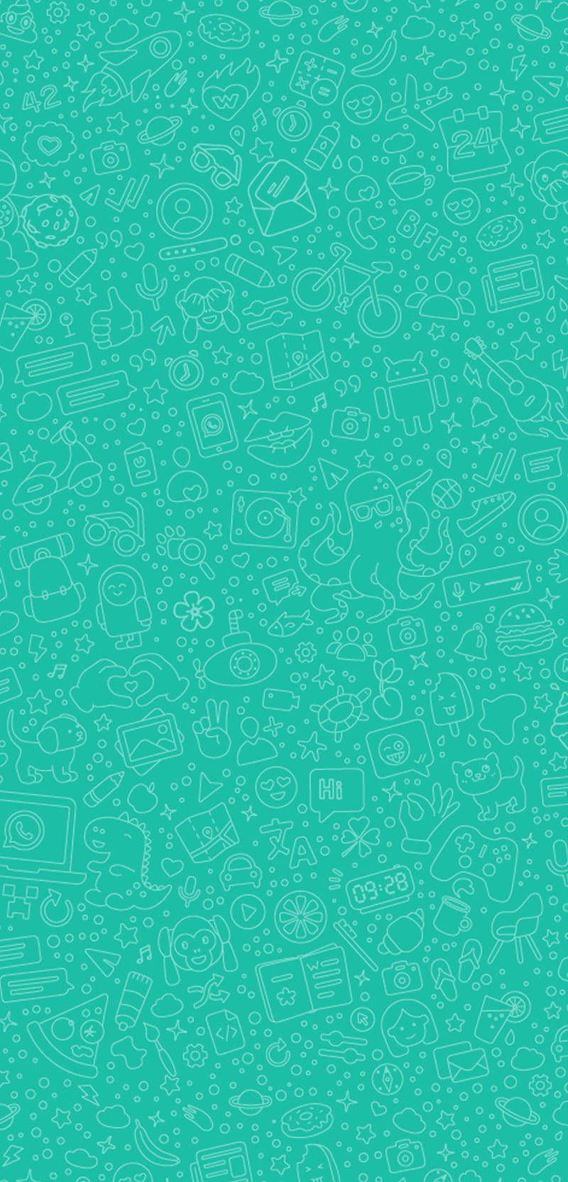 WhatsApp 聊天 桌布 壁紙 — 一個青綠色背景，充滿了白色線條繪製的日常物品和符號圖標，呈散落圖案。