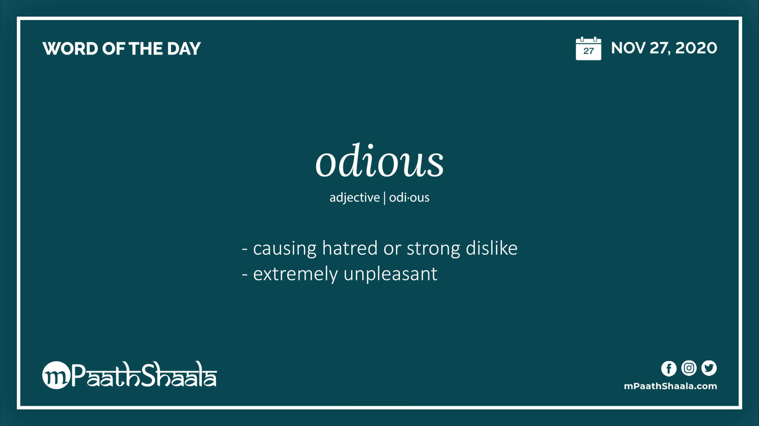 Odious 桌布 壁紙 — 一個青綠色背景顯示了單詞 'odious' 及其定義，採用乾淨的白色字體，並以細白邊框框起。