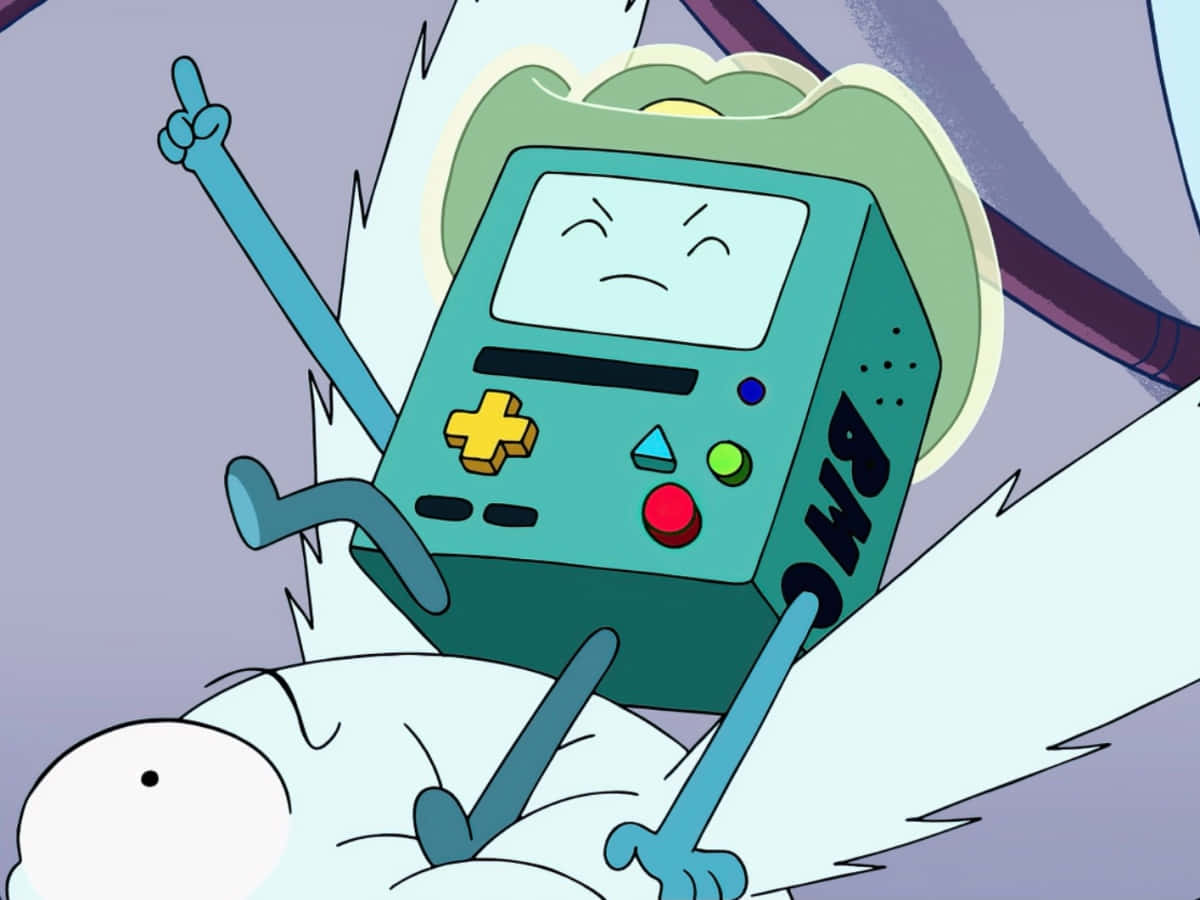 Adventure Time Cute 桌布 壁紙 — 一個青綠色遊戲機角色，帶著自鳴得意的表情和舉起的手指，勝利地站在一個白色生物之上。