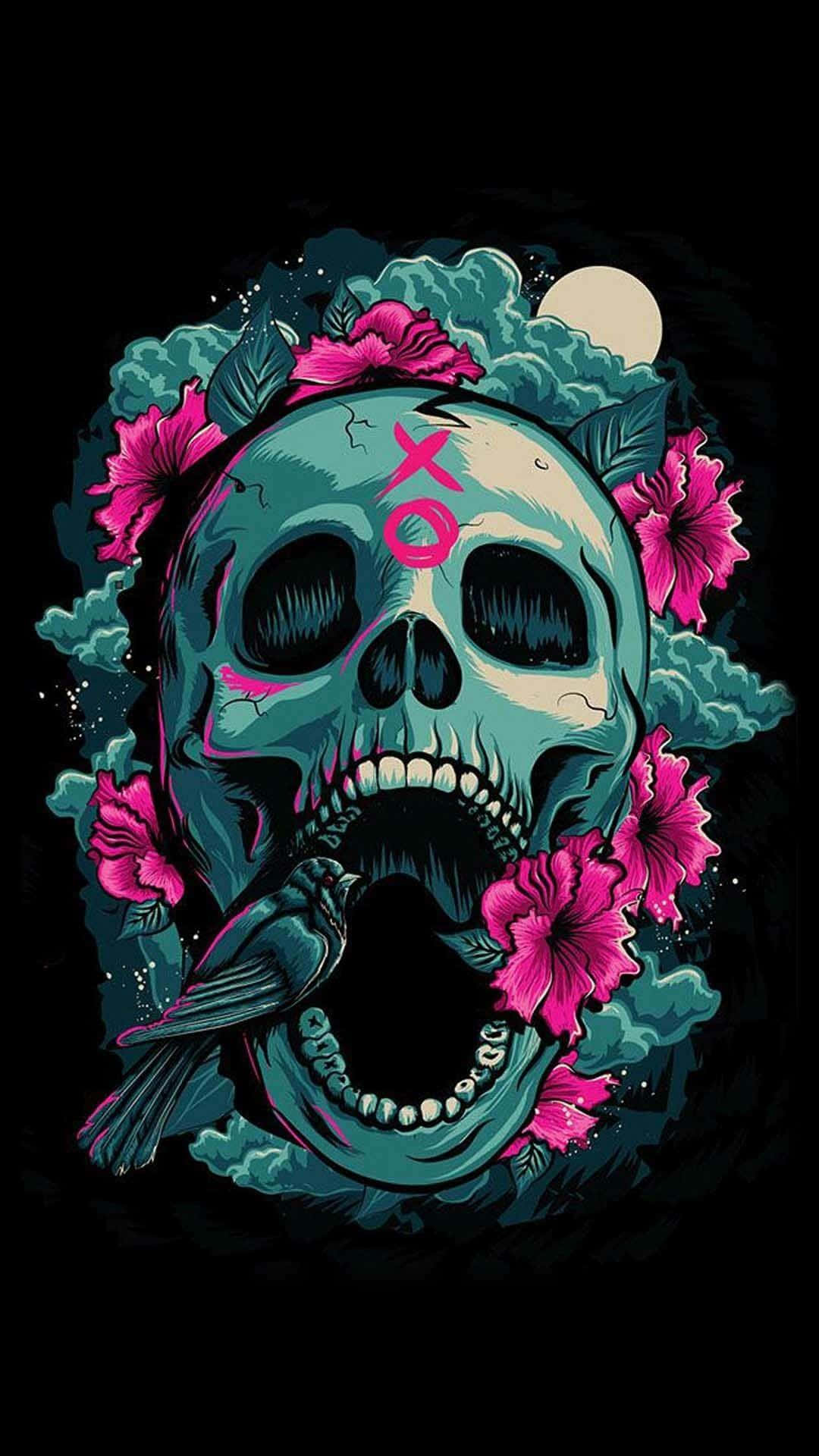 Cool Skull 桌布 壁紙 — 一個青綠色頭骨，飾有粉紅色花朵，嘴裡叼著一隻鳥，背景為黑暗帶有月亮。