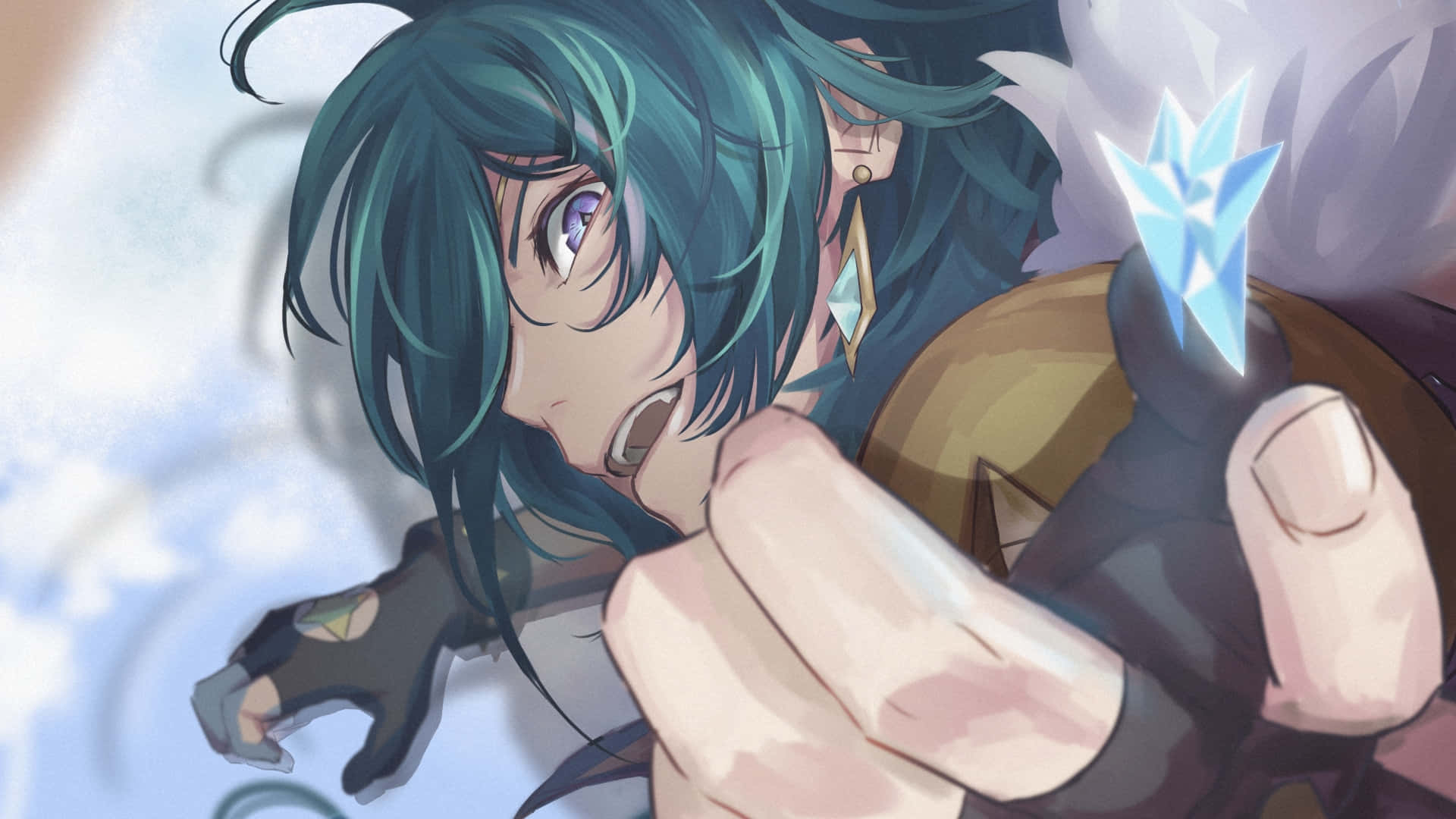 Kaeya 桌布 壁紙 — 一個青綠色頭髮、紫色眼睛的動漫角色，戴著黑色手套和棕色背心，握著一顆發光的藍色水晶。