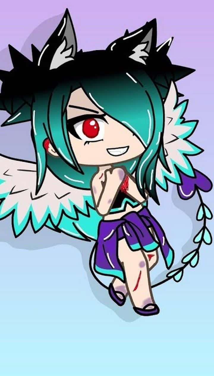 Gacha 桌布 壁紙 — 一個青綠色頭髮、黑色狼耳、紅色眼睛的Q版動漫女孩，拿著一把沾血的匕首眨眼。