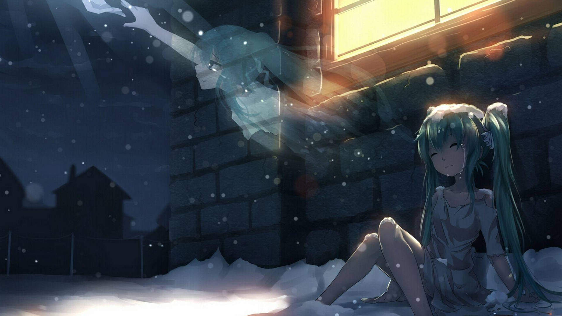 青綠色頭髮的動漫女孩坐在石牆旁的雪地裡，夜晚溫暖窗戶附近有幽靈般的身影。 — 4K 壁紙