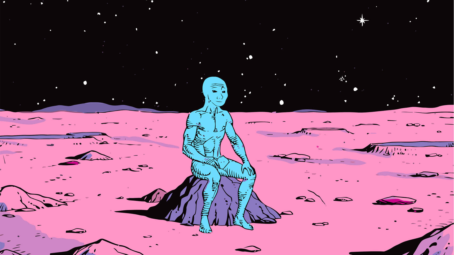 Doomer 桌布 壁紙 — 一個青色人形身影在繁星點點的黑色天空下，坐在超現實粉紅色外星景觀中的紫色岩石上沉思。