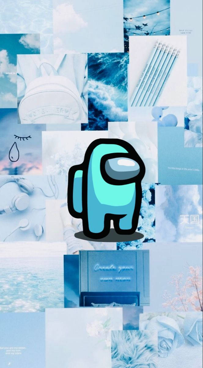 Blue Among US 桌布 壁紙 — 一個青色的Among Us角色站在以雲、海洋、鉛筆和蓬鬆質感組成的寧靜藍色拼貼畫中央。