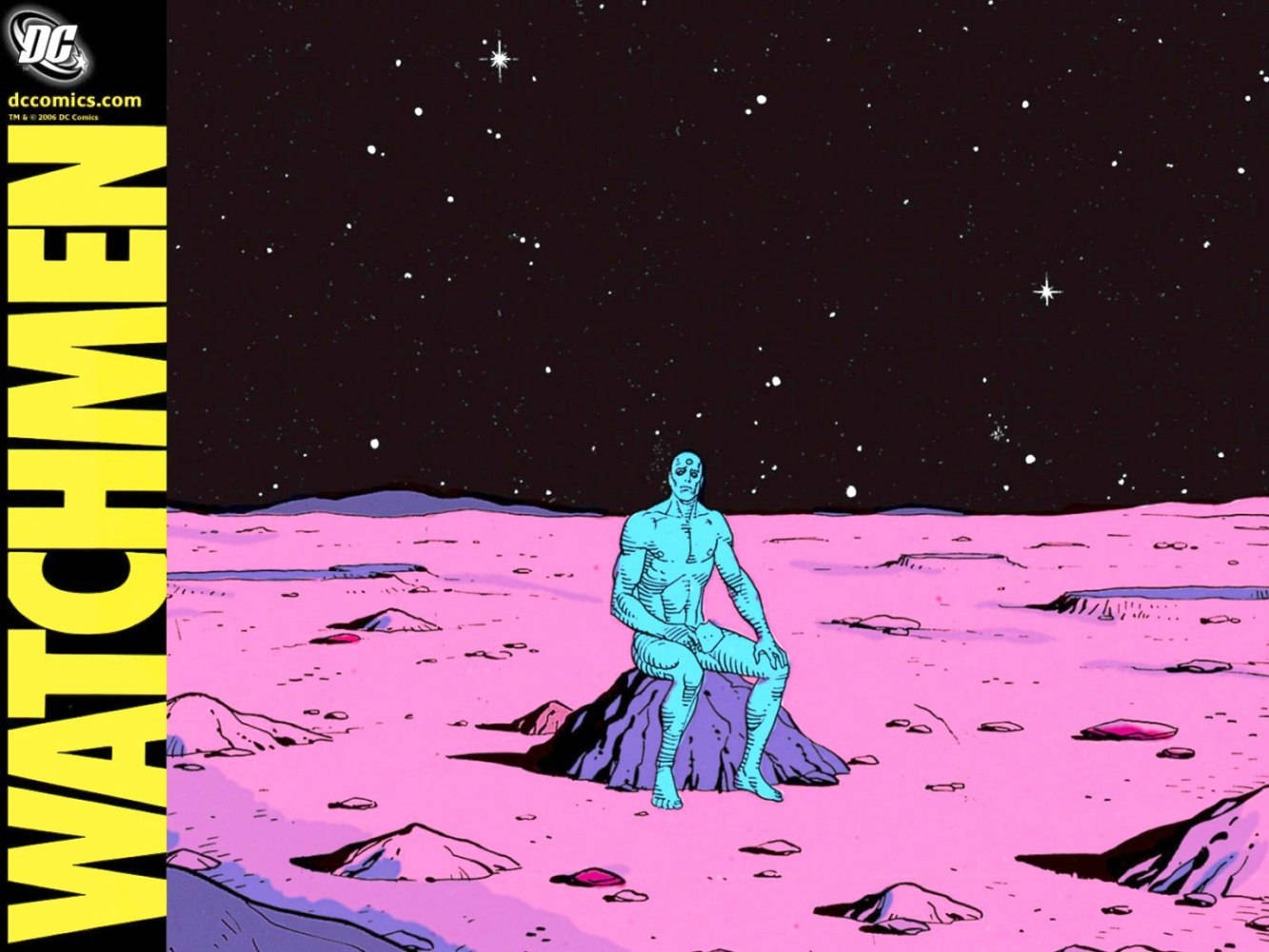 Watchmen 桌布 壁紙 — 一個青色皮膚的人形生物坐在岩石上，身處超現實的粉紅色外星沙漠，背景是繁星點點的黑色天空。