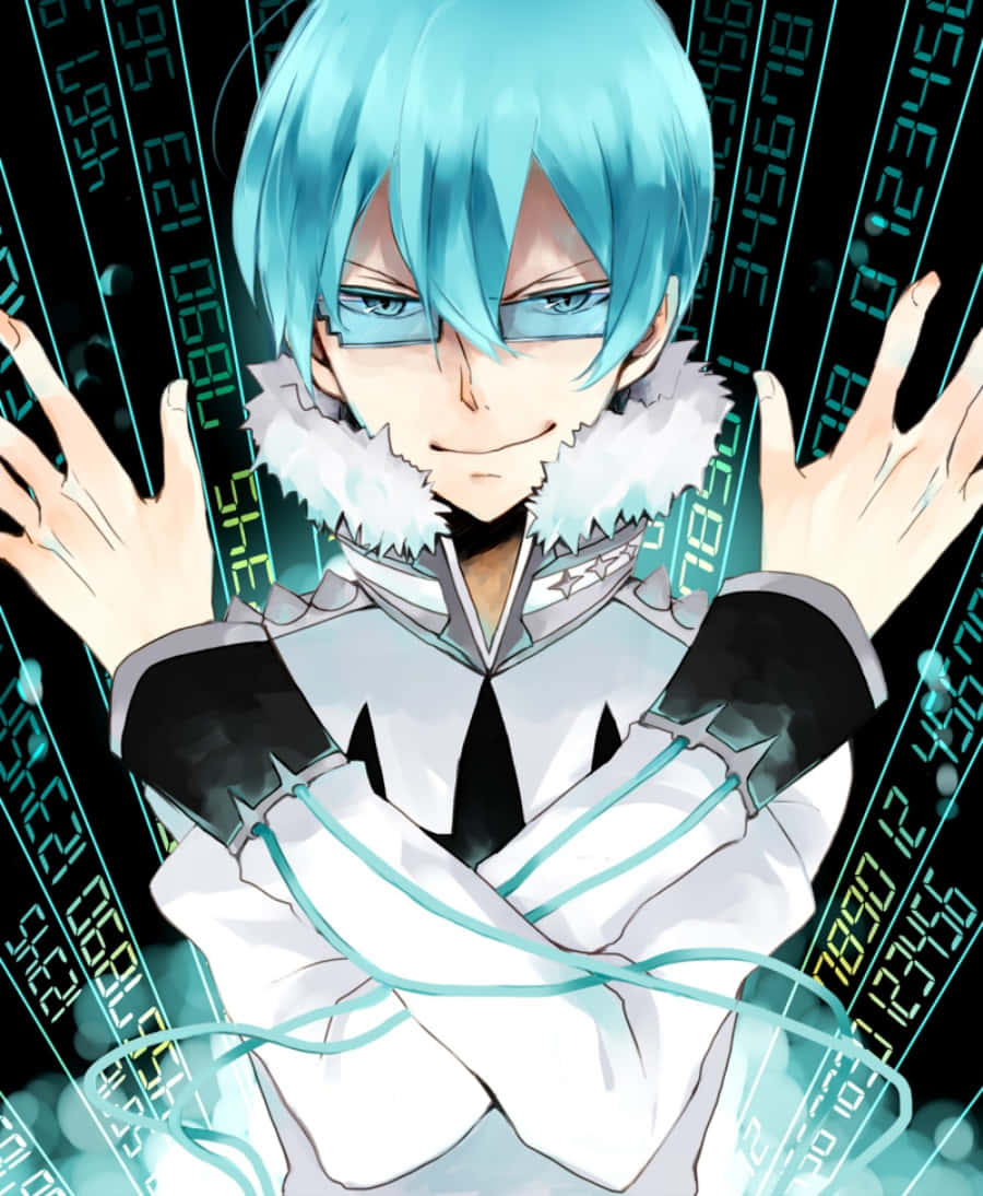 Houka Inumuta 桌布 壁紙 — 一個青色頭髮、戴眼鏡、穿著毛領外套的動漫角色，自信地站在數位數據流背景前。