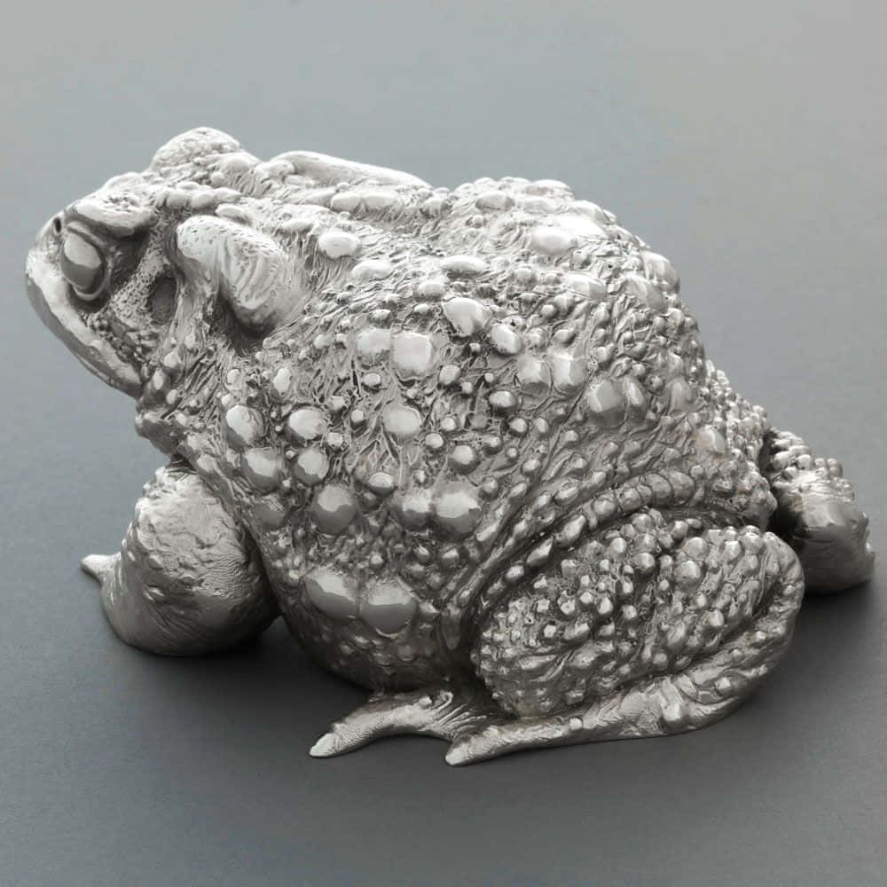 toad 桌布 壁紙 — 一個非常精細的銀色蟾蜍雕塑，帶有紋理凸起和反光表面，放置在純灰色背景上。